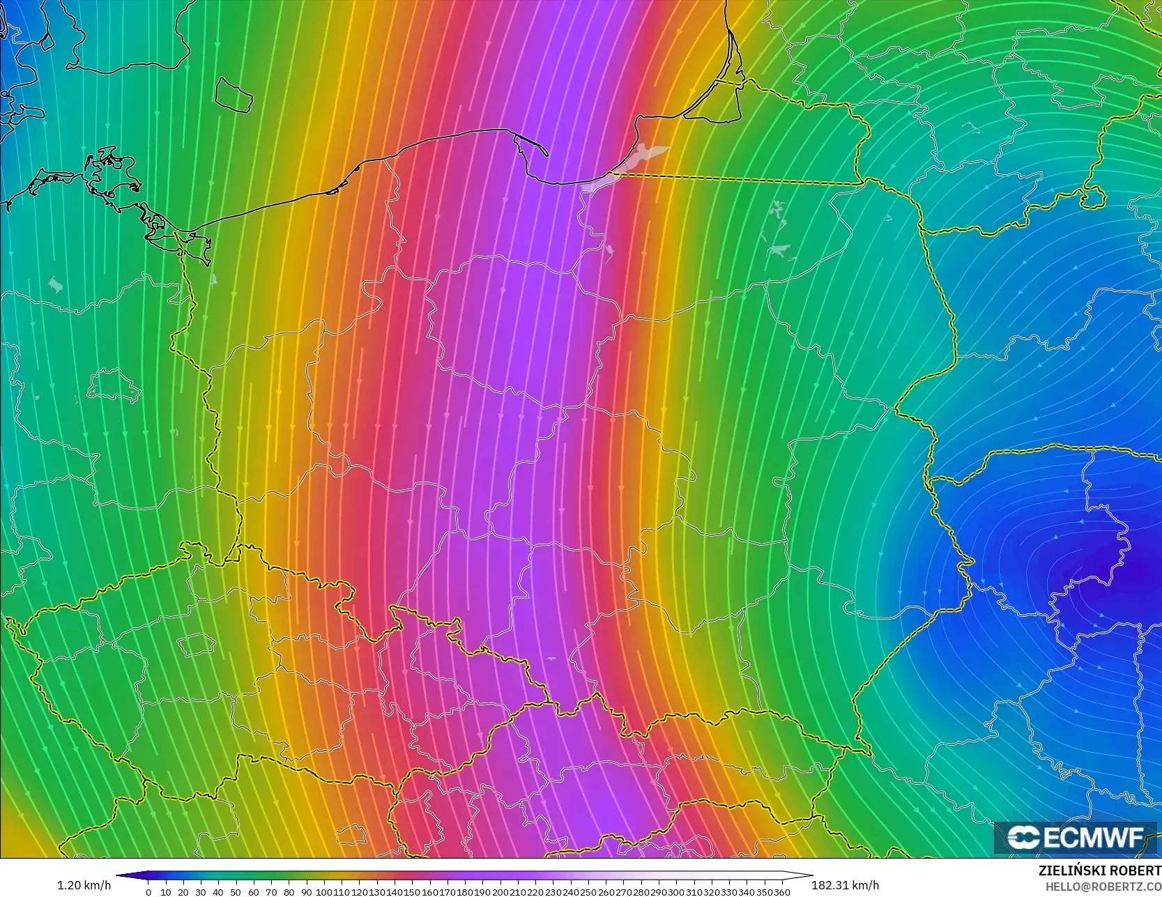ECMWF IFS 0.25° model - Poland, Angin 300 hPa (aliran jet)