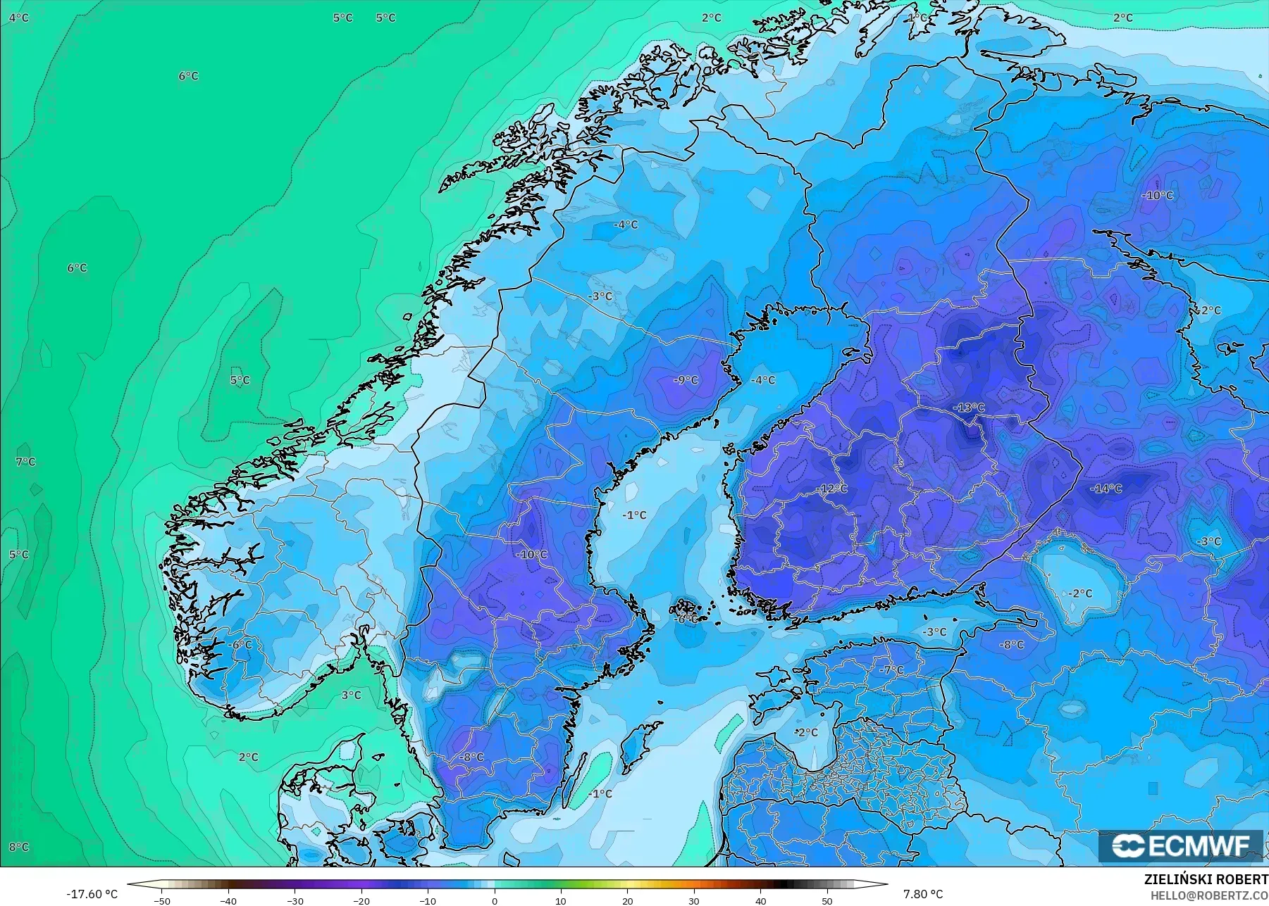 ECMWF IFS 0.25° modelo - Scandinavia, Dewpoint at 2m