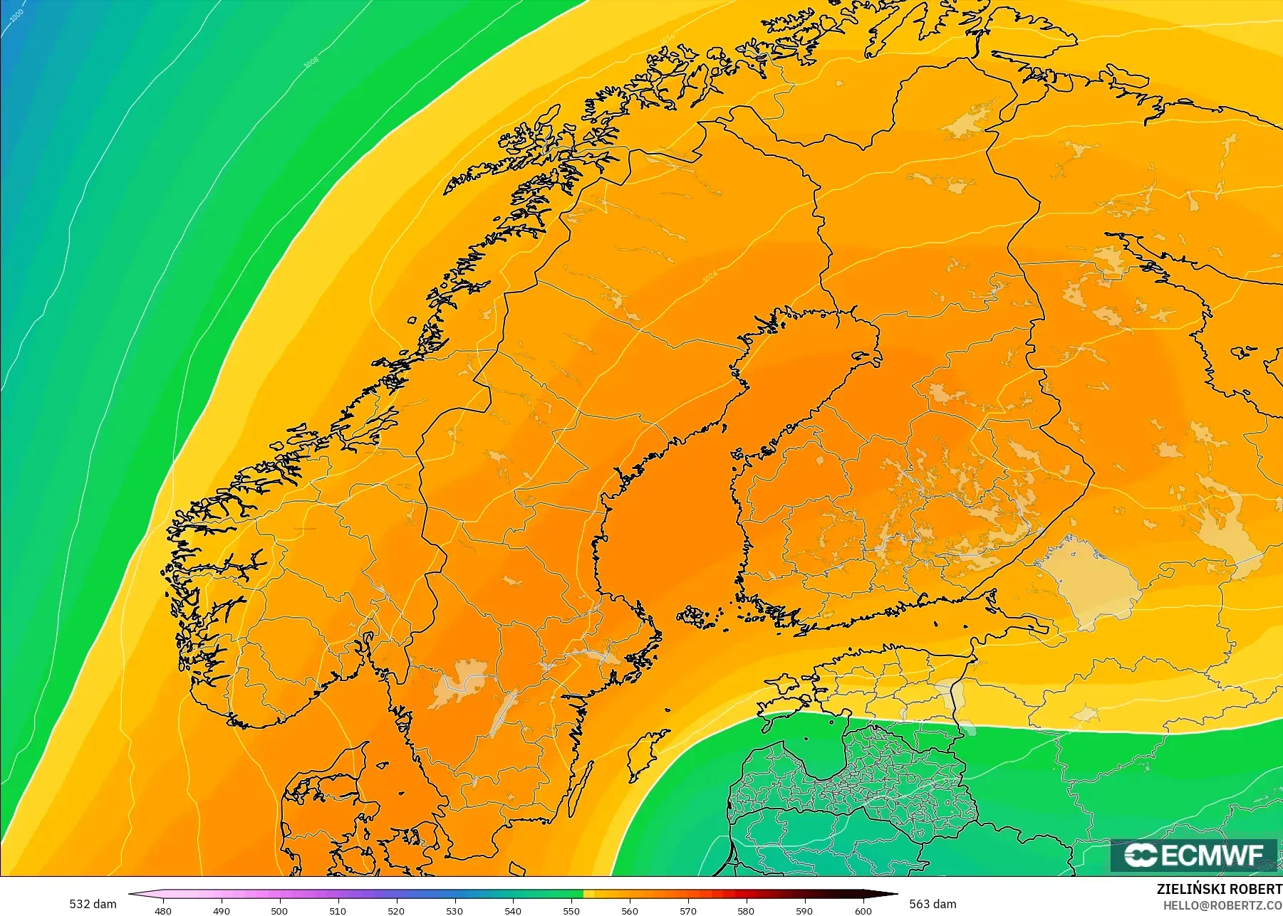 ECMWF IFS 0.25° modelo - Scandinavia, Geopotential height at 500hPa