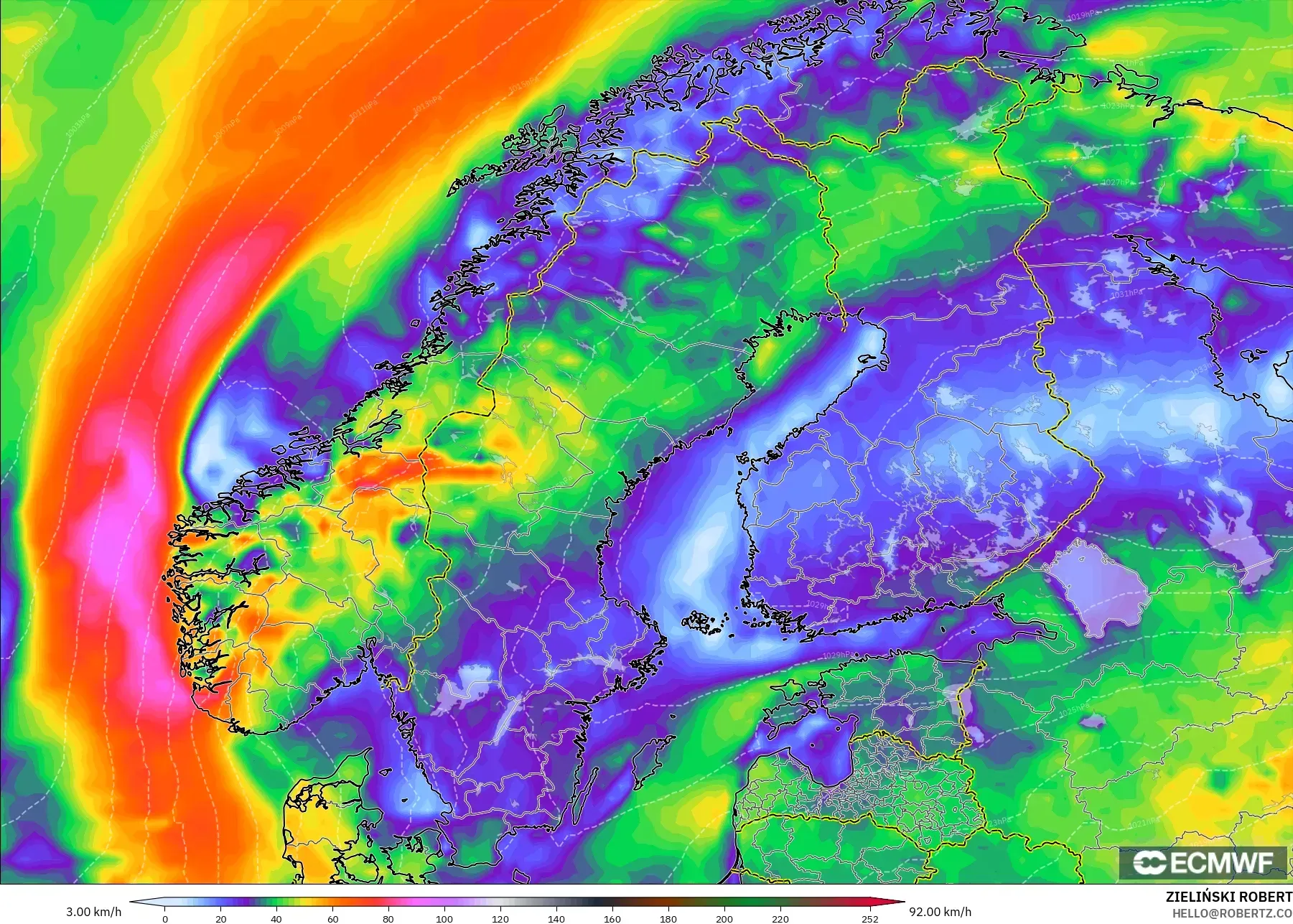 ECMWF IFS 0.25° model - Skandinavia, Hembusan Tertinggi