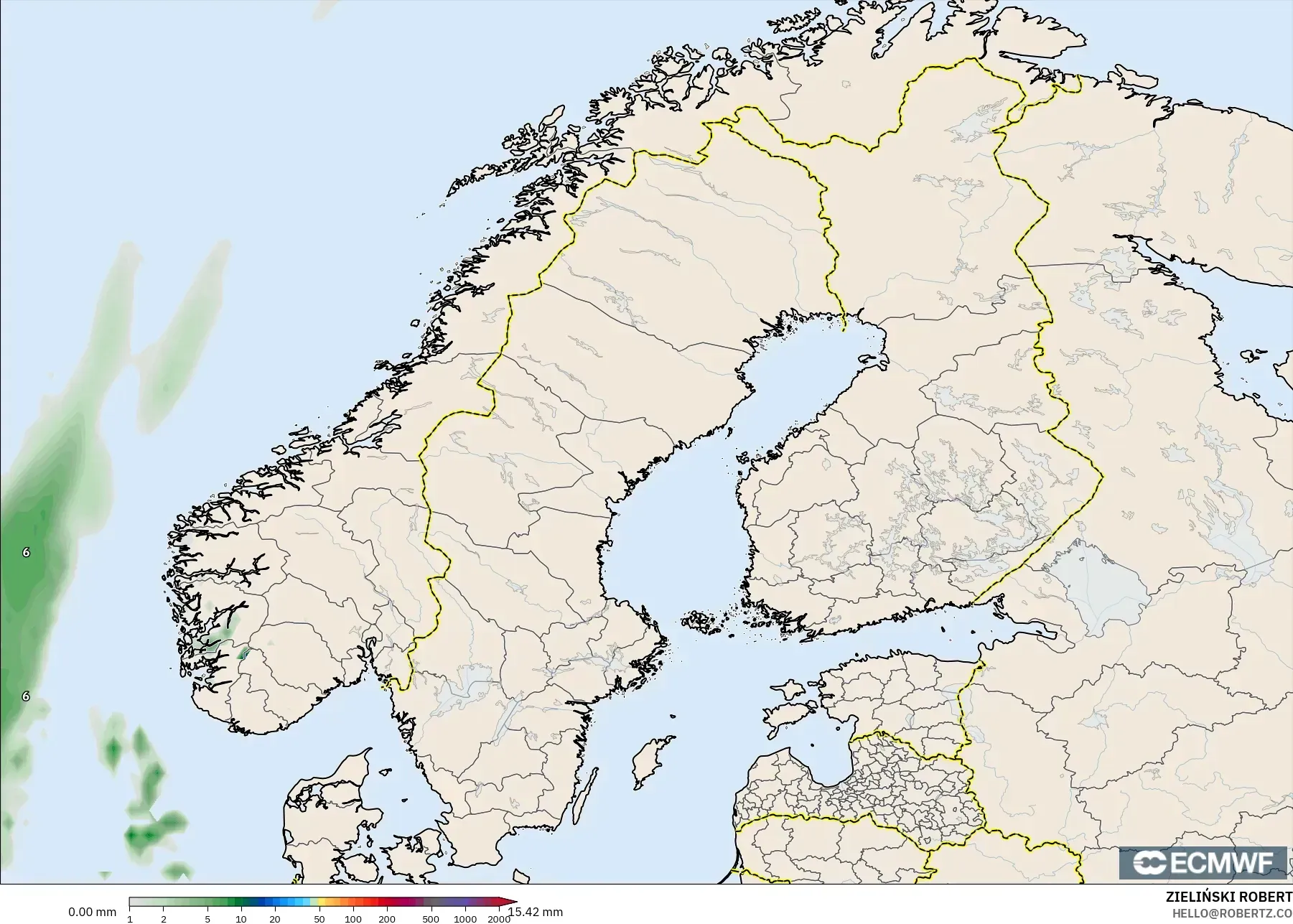 ECMWF IFS 0.25° modelo - Scandinavia, Precipitation Accumulation