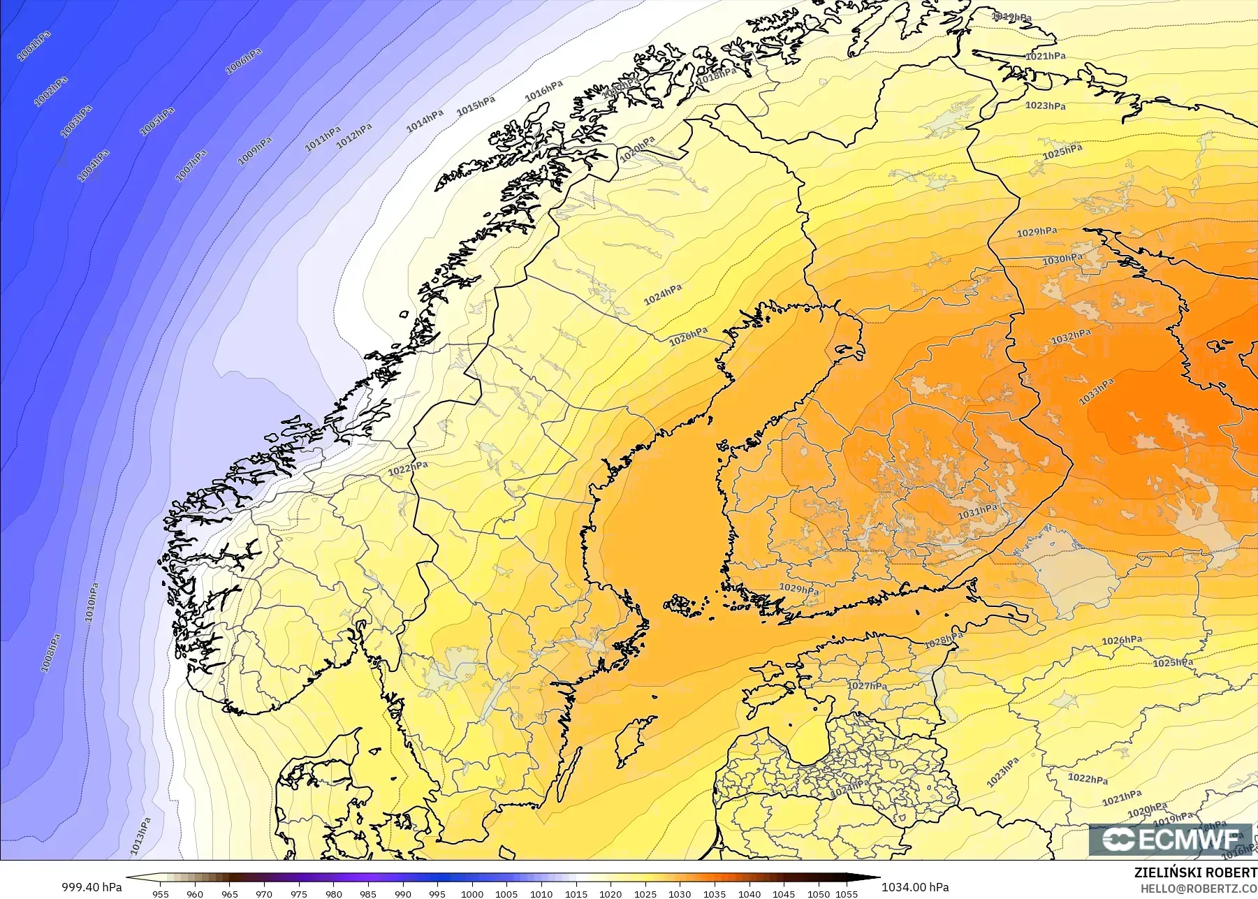 ECMWF IFS 0.25° modelo - Scandinavia, Pressure