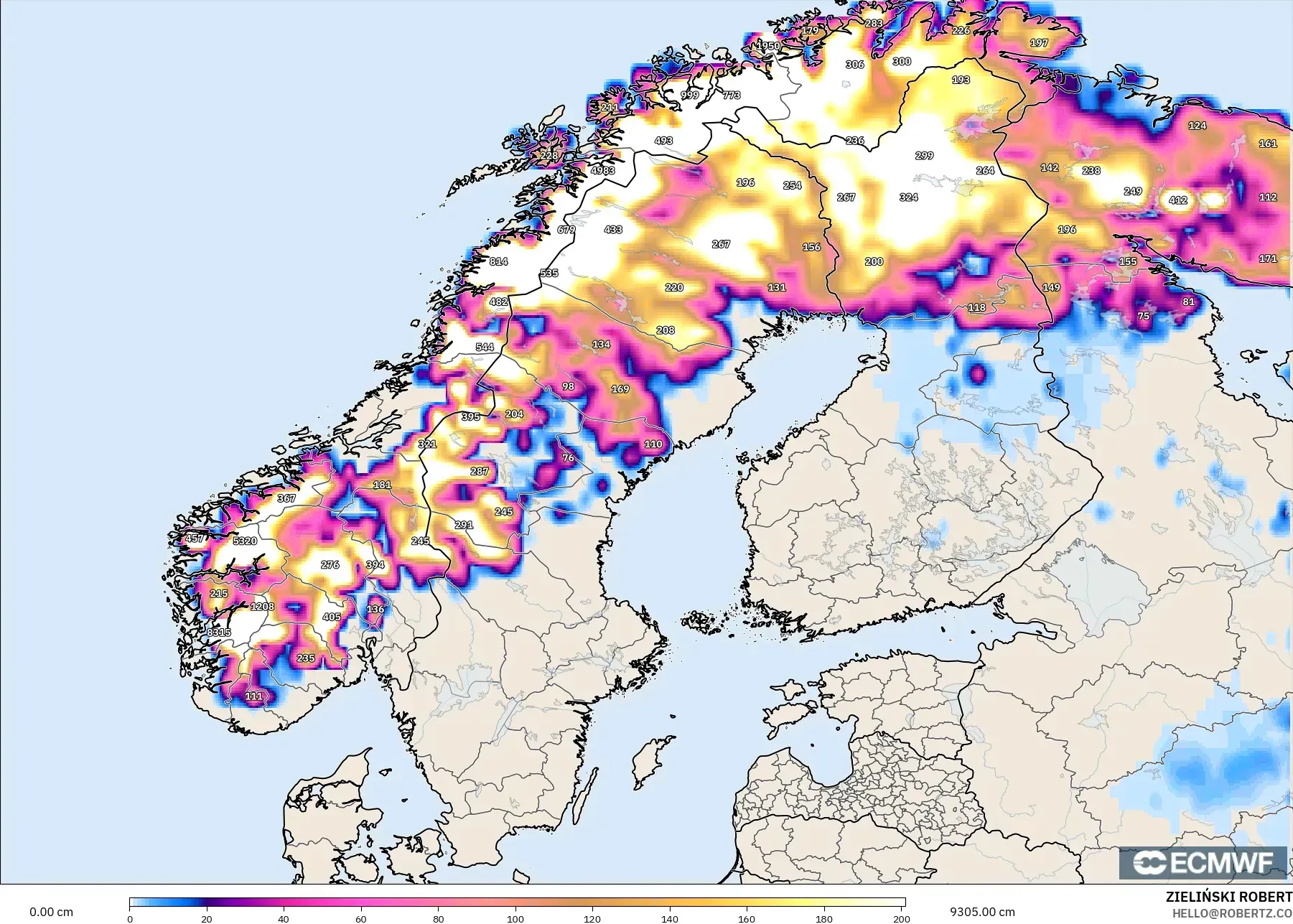 ECMWF IFS 0.25° modelo - Scandinavia, Snow Depth