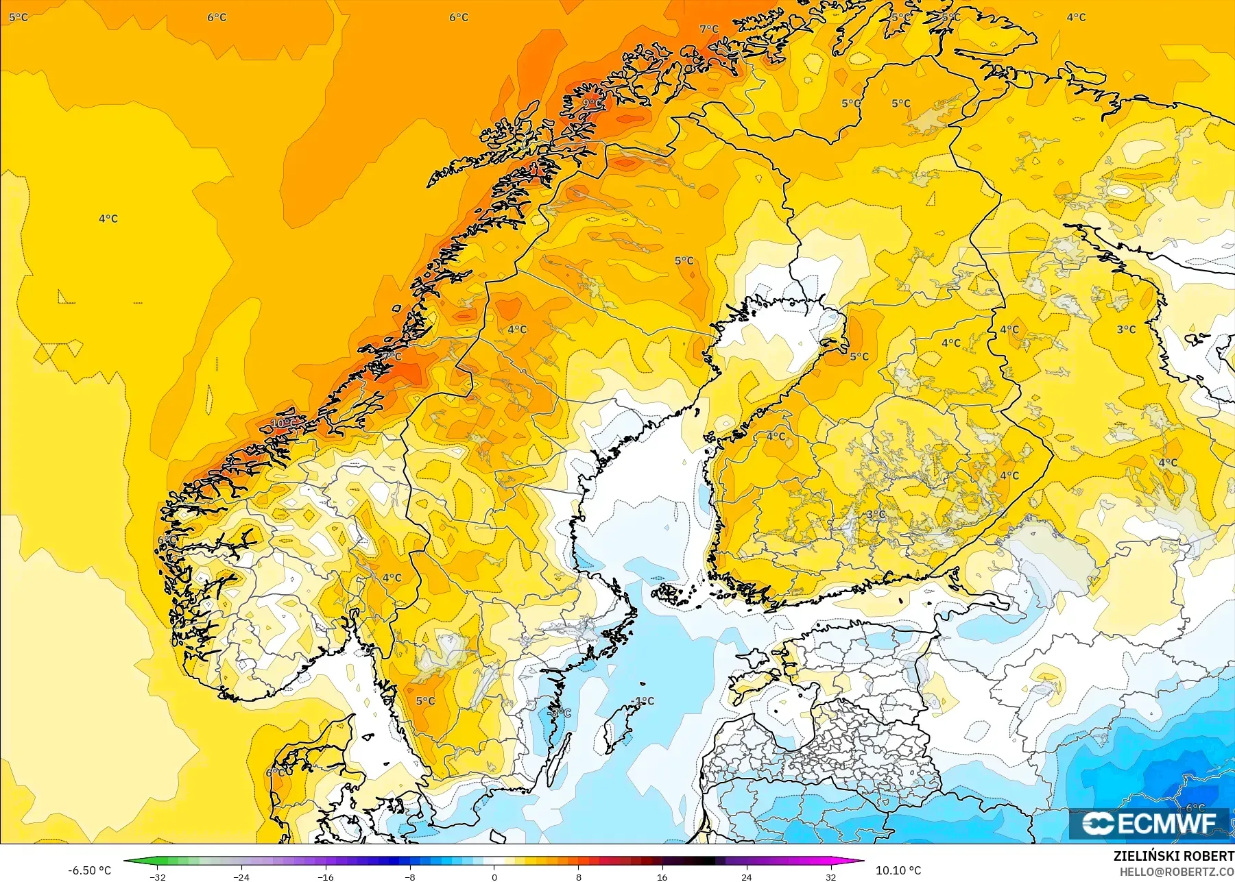ECMWF IFS 0.25° model - Skandinavia, Anomali Suhu 2 m