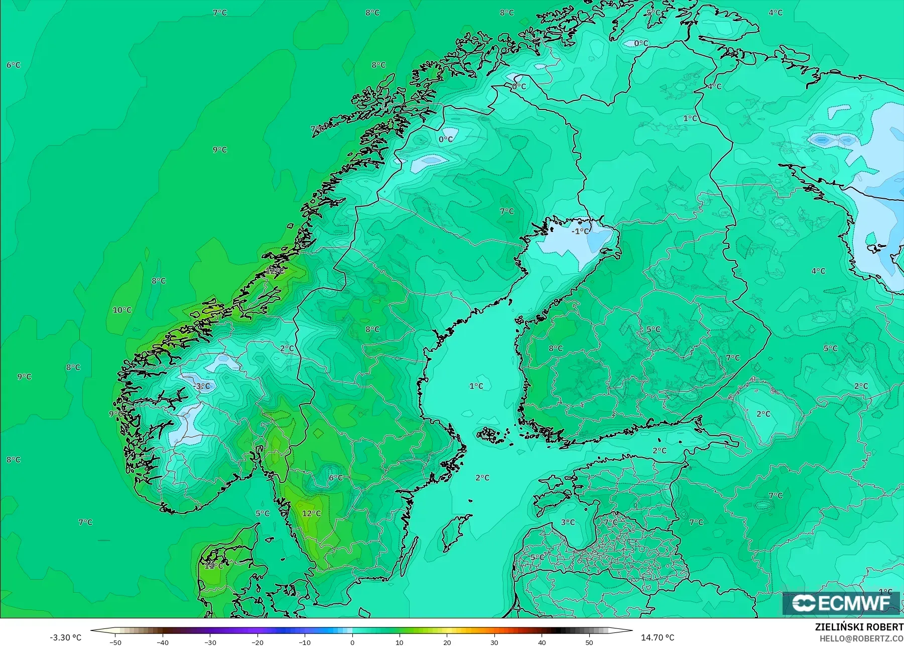 ECMWF IFS 0.25° modelo - Scandinavia, Temperature at 2m