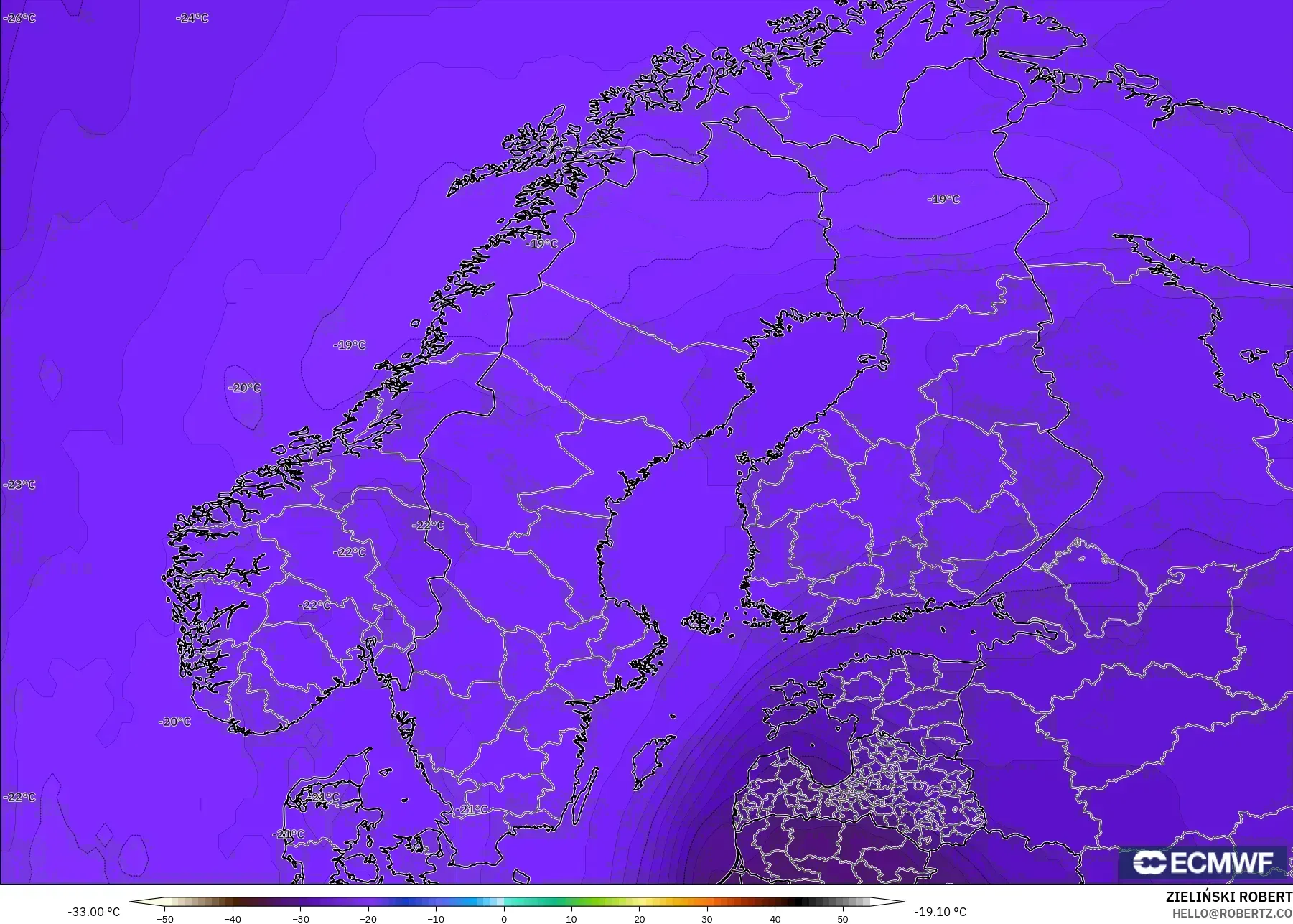 ECMWF IFS 0.25° modelo - Scandinavia, Temperature at 500hPa