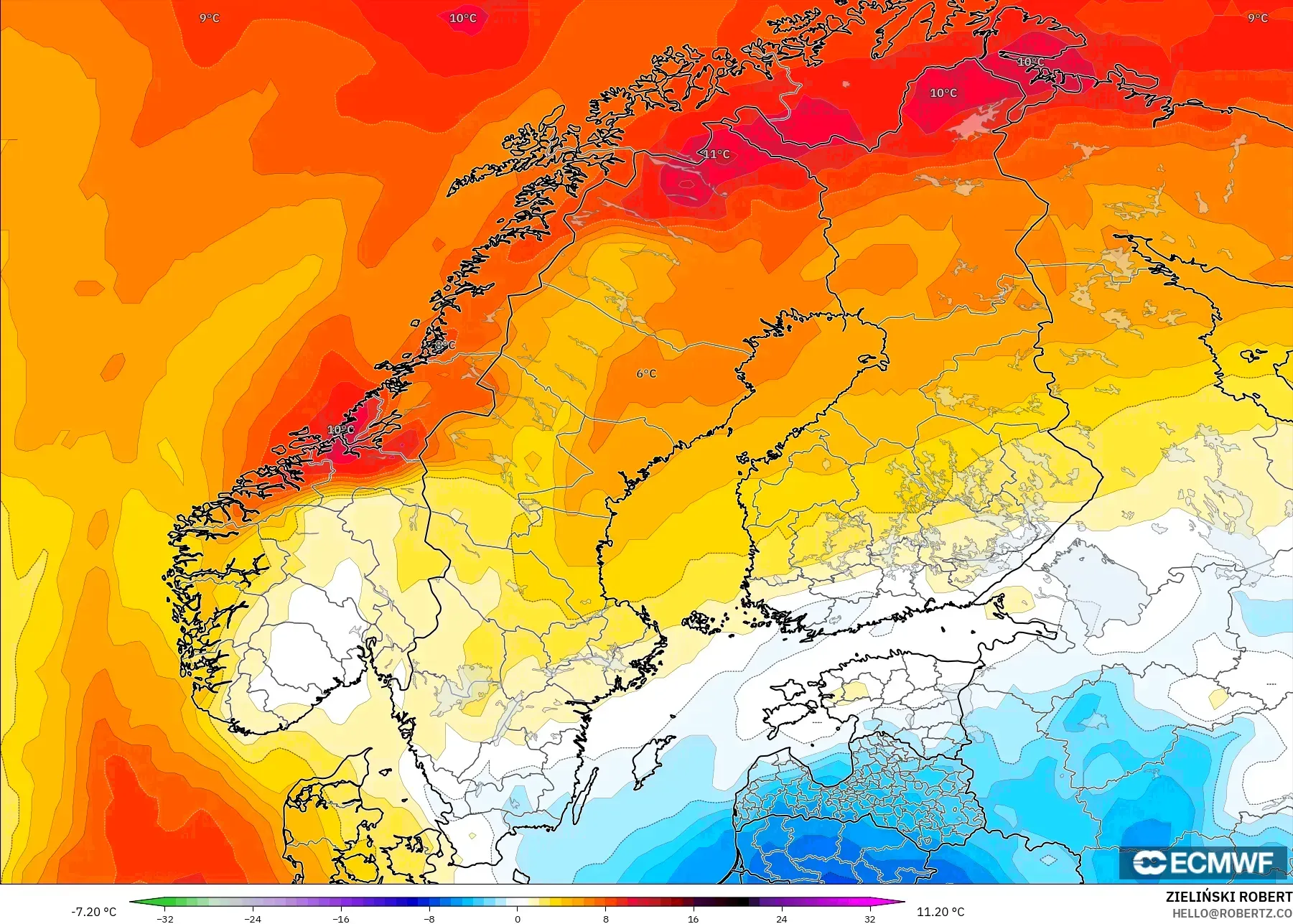 ECMWF IFS 0.25° model - Skandinavia, Anomali Suhu 850 hPa