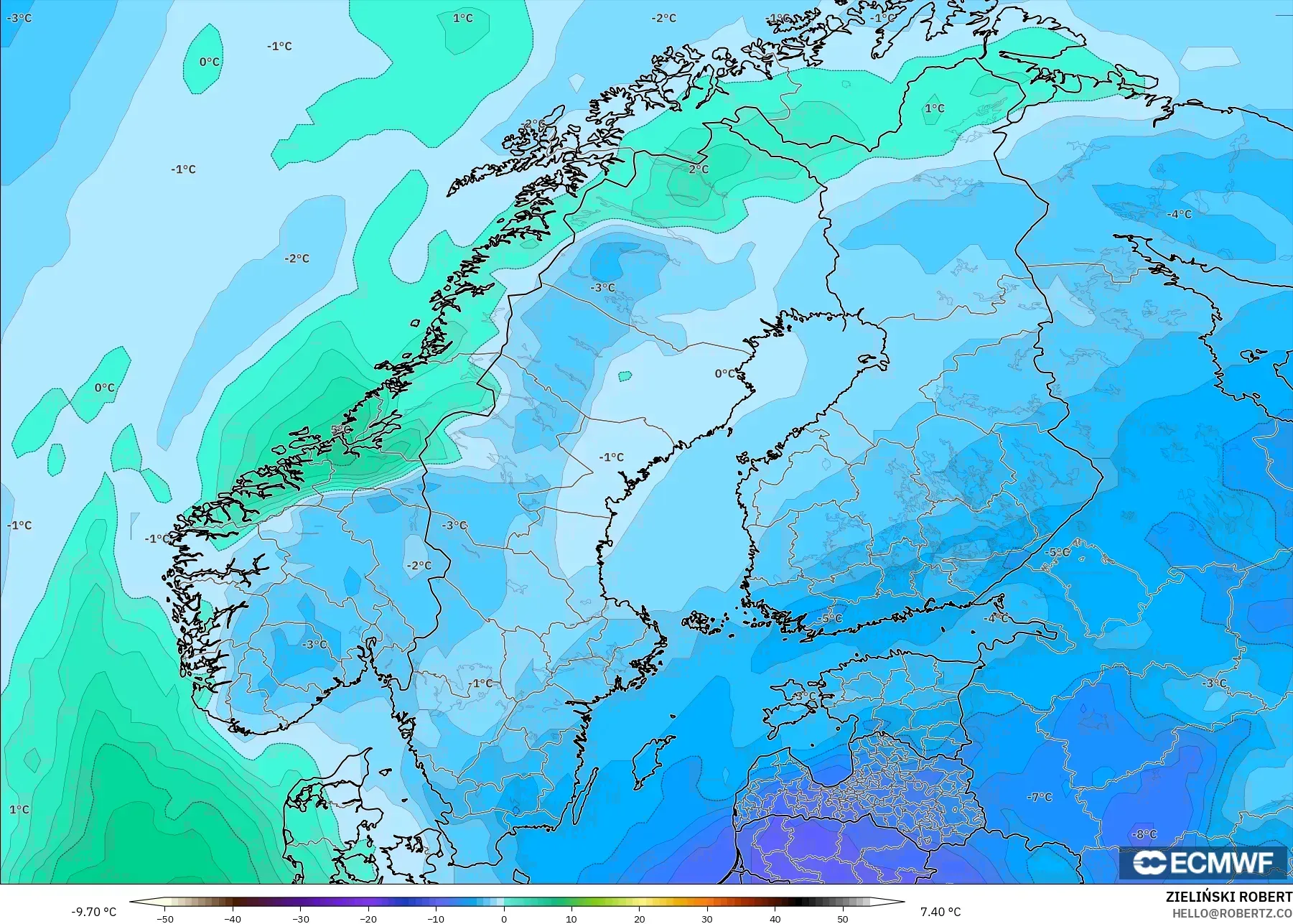 ECMWF IFS 0.25° modelo - Scandinavia, Temperature at 850hPa