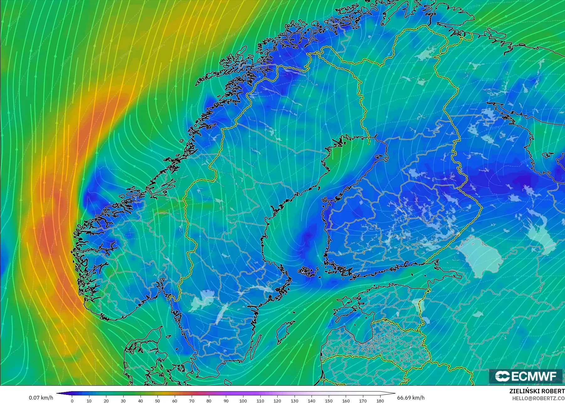 ECMWF IFS 0.25° modelo - Scandinavia, Wind at 10m