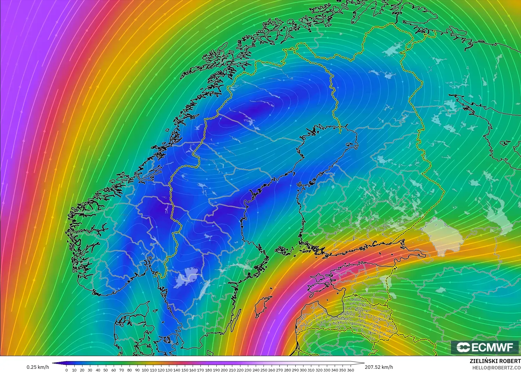 ECMWF IFS 0.25° model - Skandinavia, Angin 300 hPa (aliran jet)