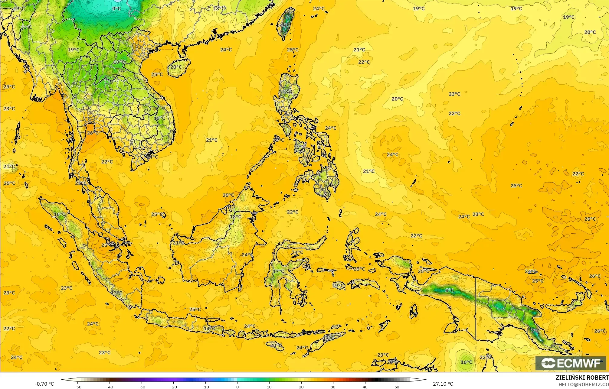 ECMWF IFS 0.25° modelo - South East Asia, Dewpoint at 2m