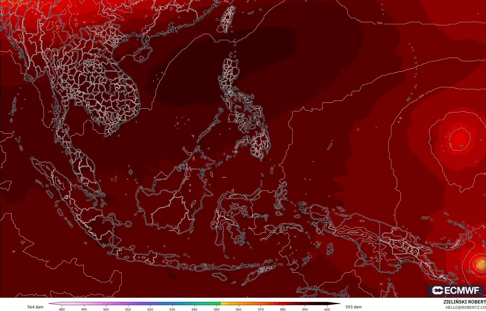 ECMWF IFS 0.25° modelo - South East Asia, Geopotential height at 500hPa