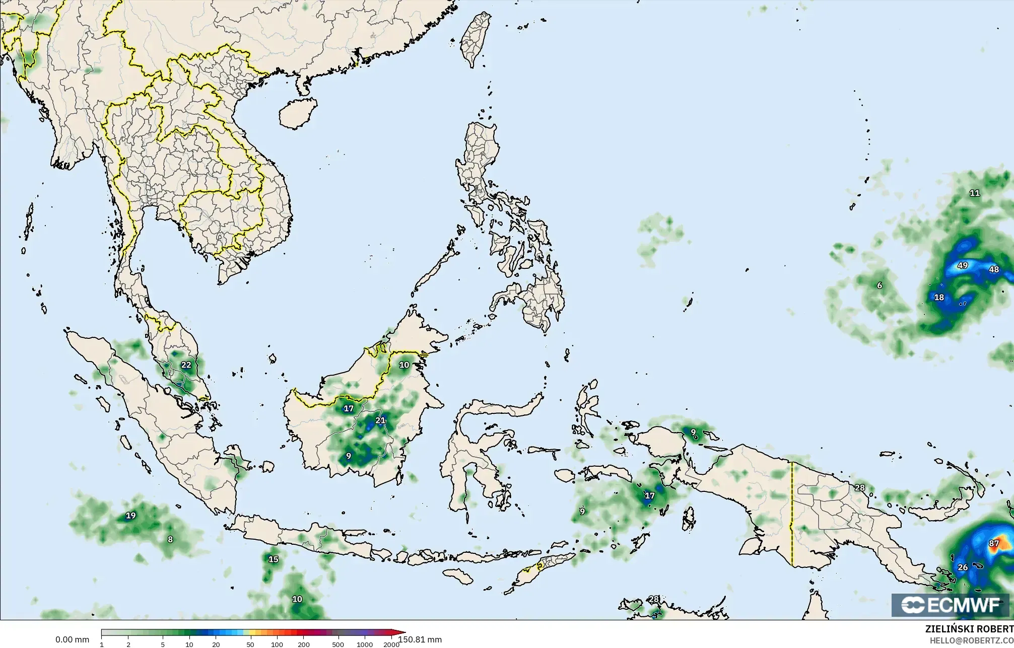 ECMWF IFS 0.25° modelo - South East Asia, Precipitation Accumulation