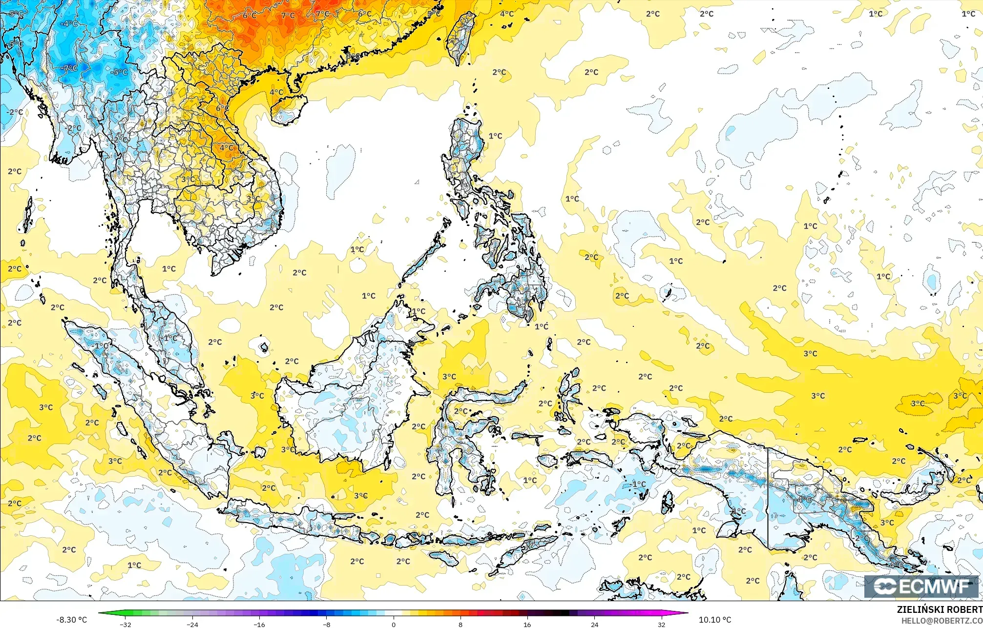 ECMWF IFS 0.25° modelo - South East Asia, Temperature at 2m Anomaly