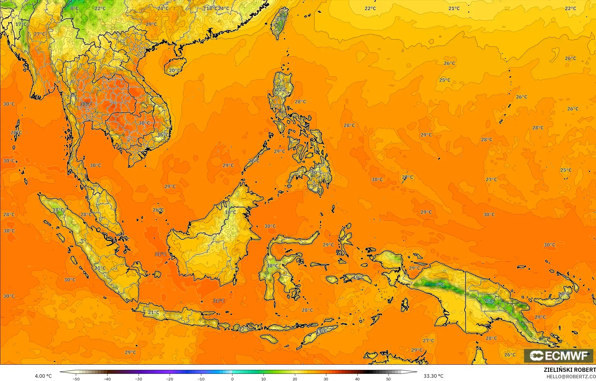 ECMWF IFS 0.25° model - Asia Tenggara, Suhu pada 2 m