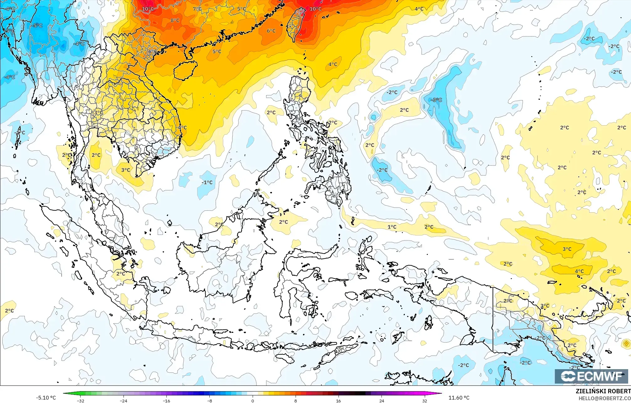 ECMWF IFS 0.25° model - Asia Tenggara, Anomali Suhu 850 hPa
