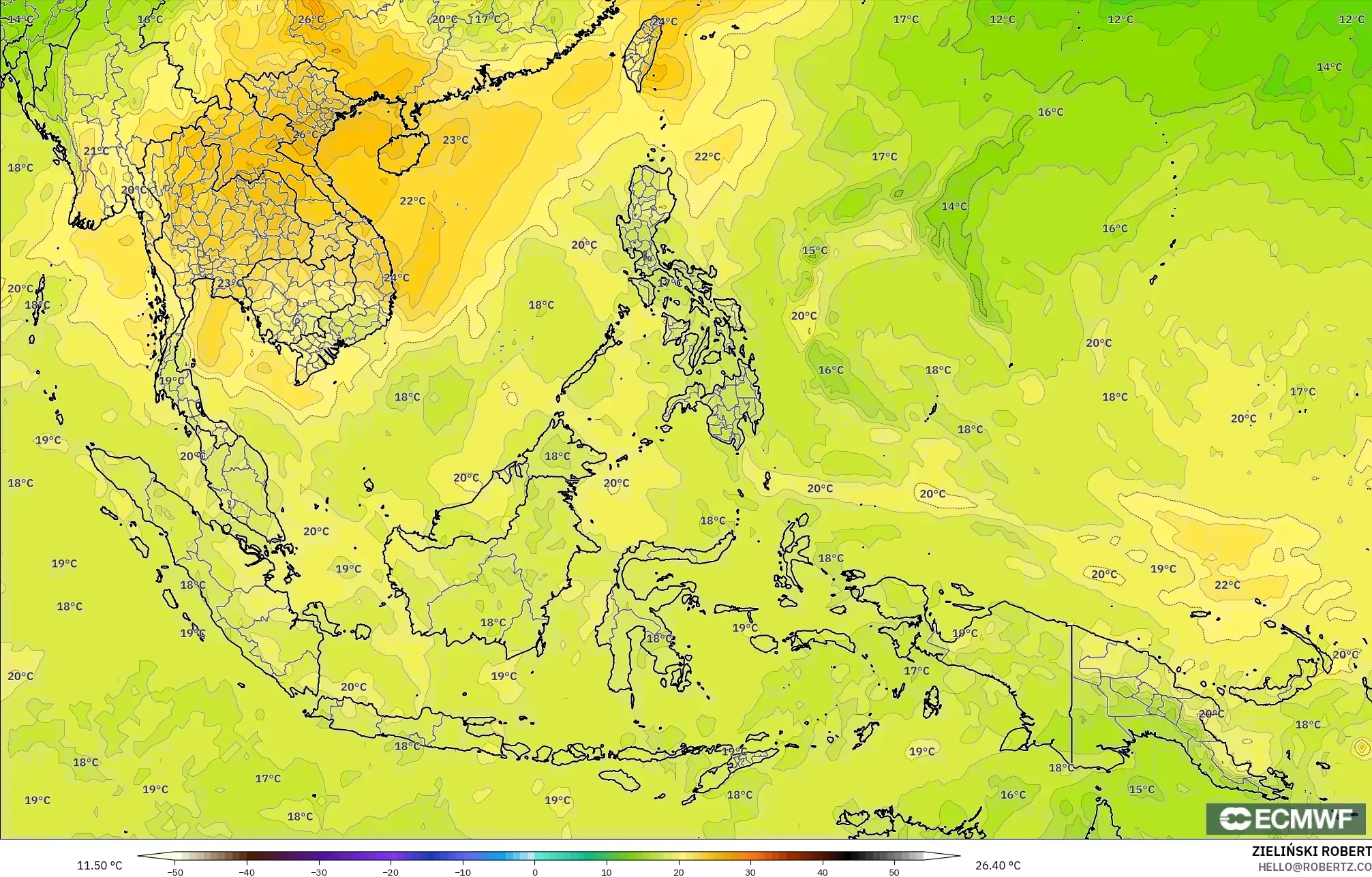 ECMWF IFS 0.25° modelo - South East Asia, Temperature at 850hPa