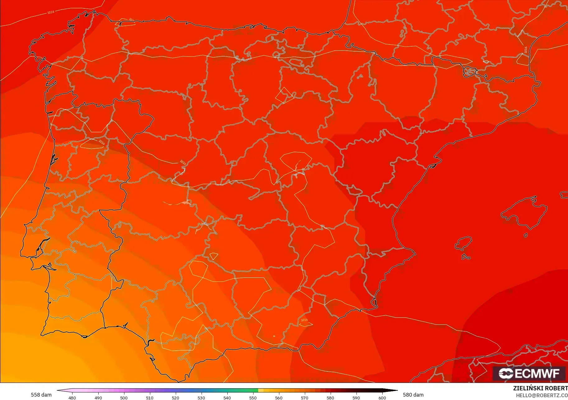ECMWF IFS 0.25° modelo - Spain, Geopotential height at 500hPa