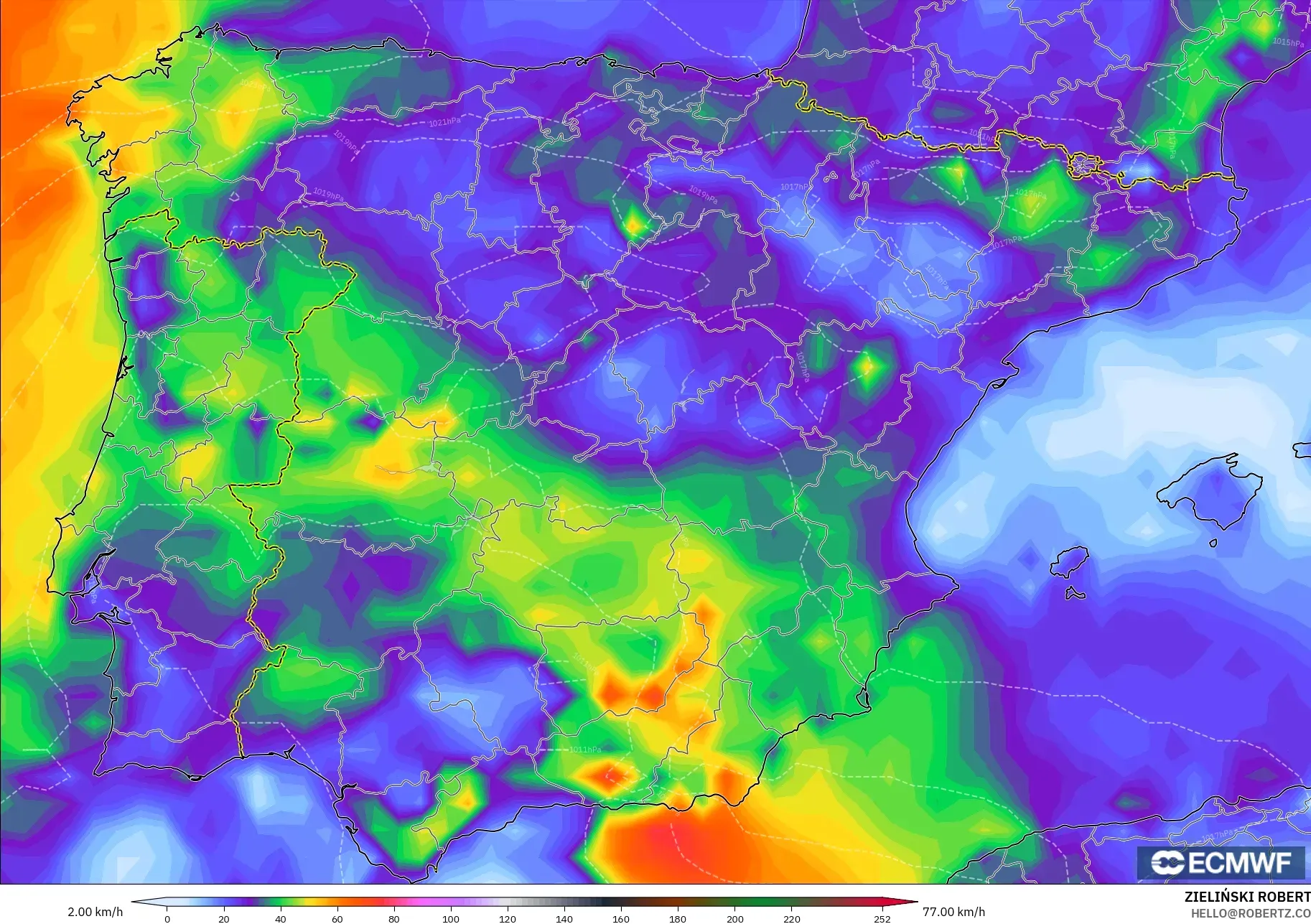 ECMWF IFS 0.25° model - Sepanyol, Hembusan Angin