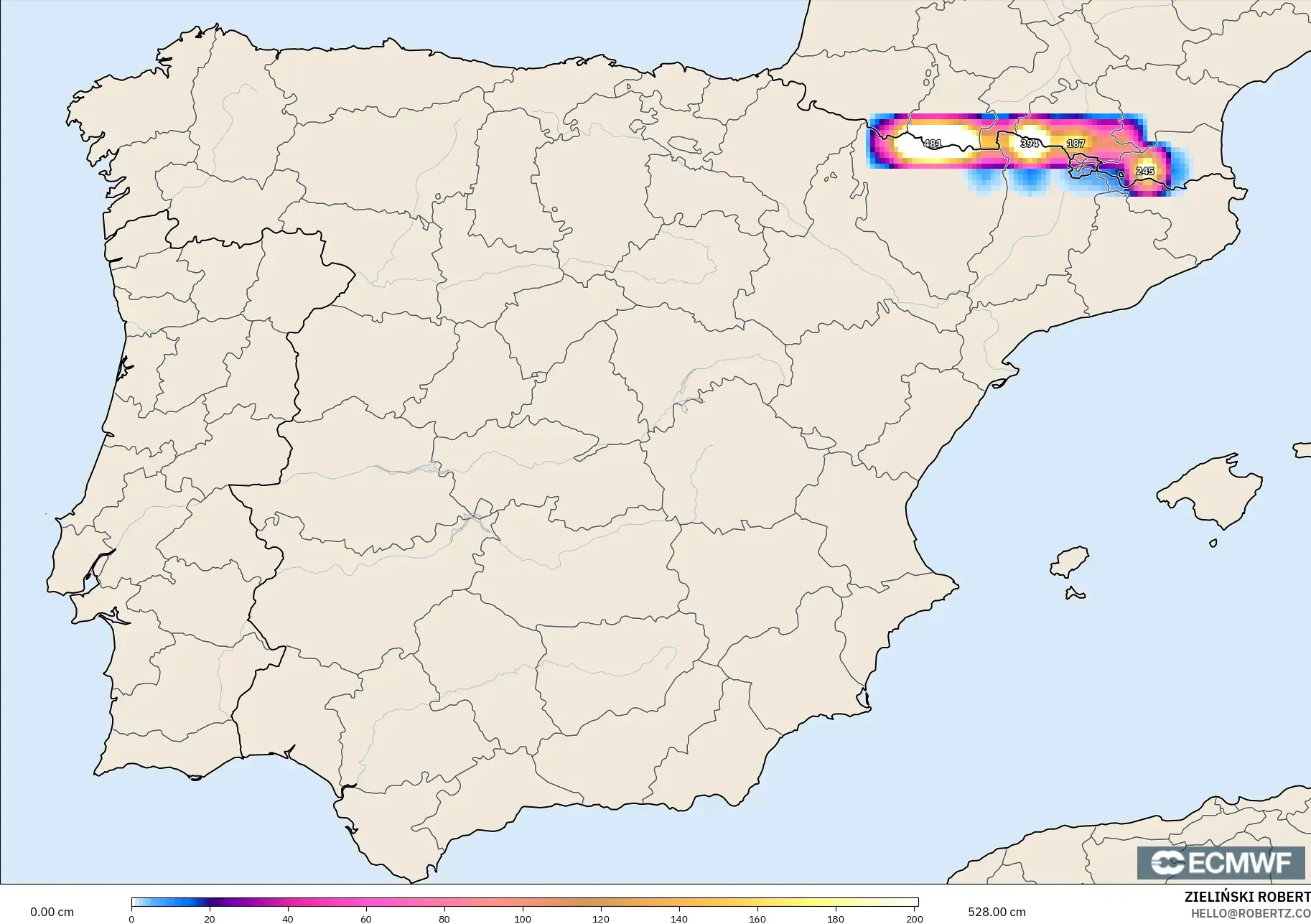ECMWF IFS 0.25° modelo - Spain, Snow Depth