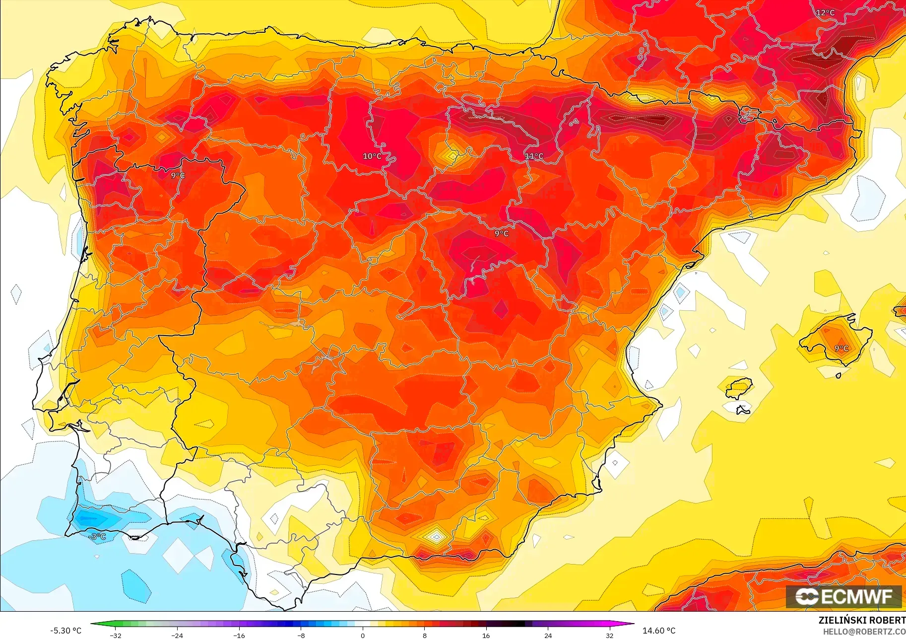 ECMWF IFS 0.25° modelo - Spain, Temperature at 2m Anomaly