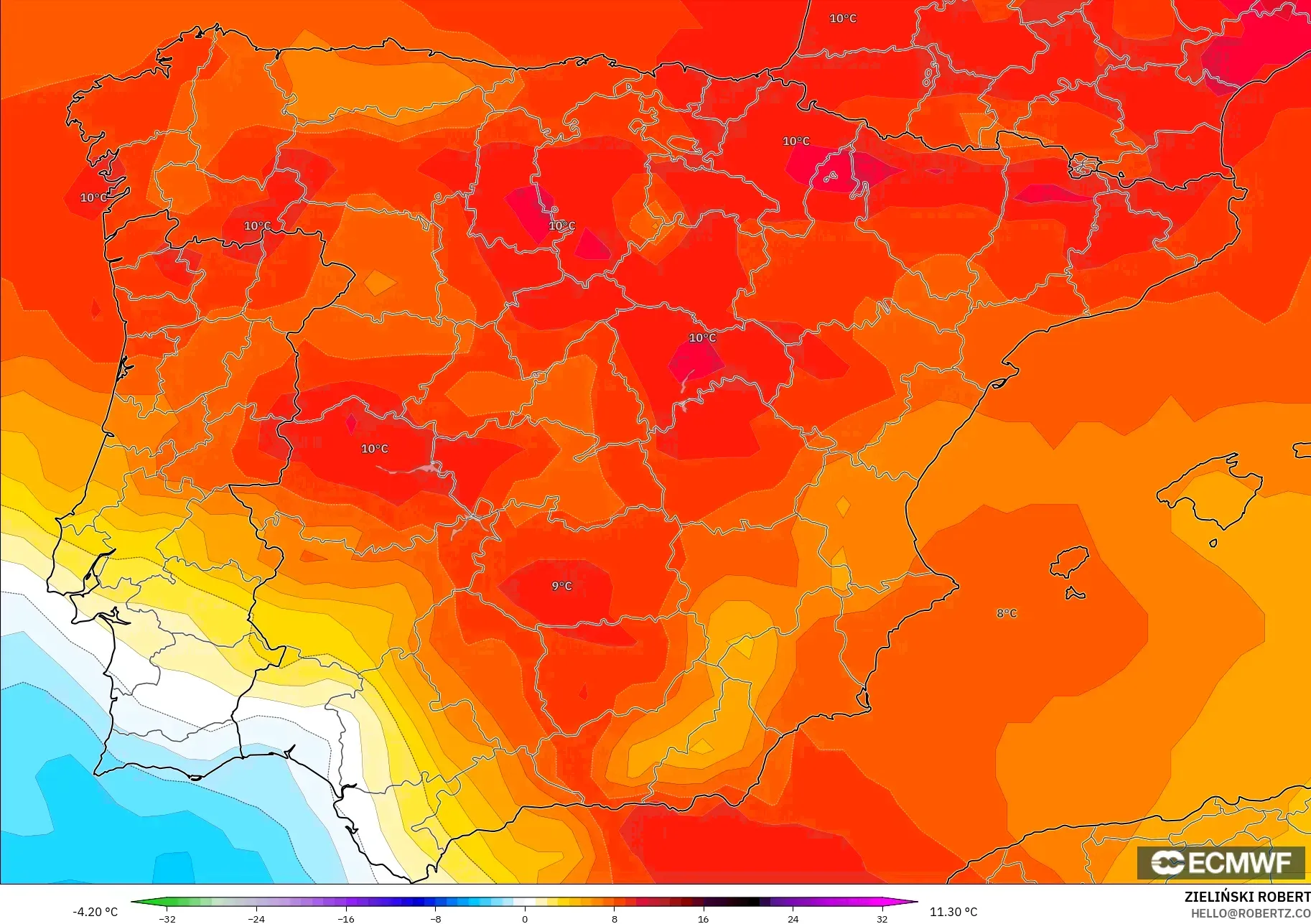ECMWF IFS 0.25° modelo - Spain, Temperature at 850hPa Anomaly