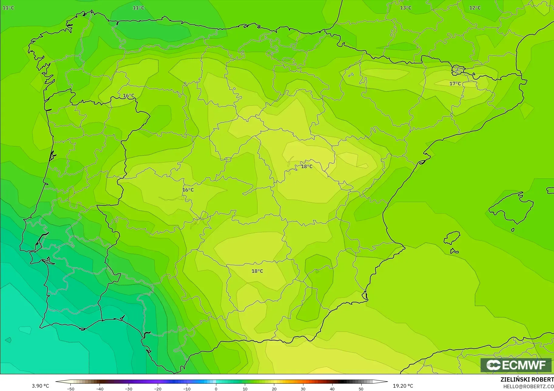 ECMWF IFS 0.25° model - Sepanyol, Suhu 850 hPa