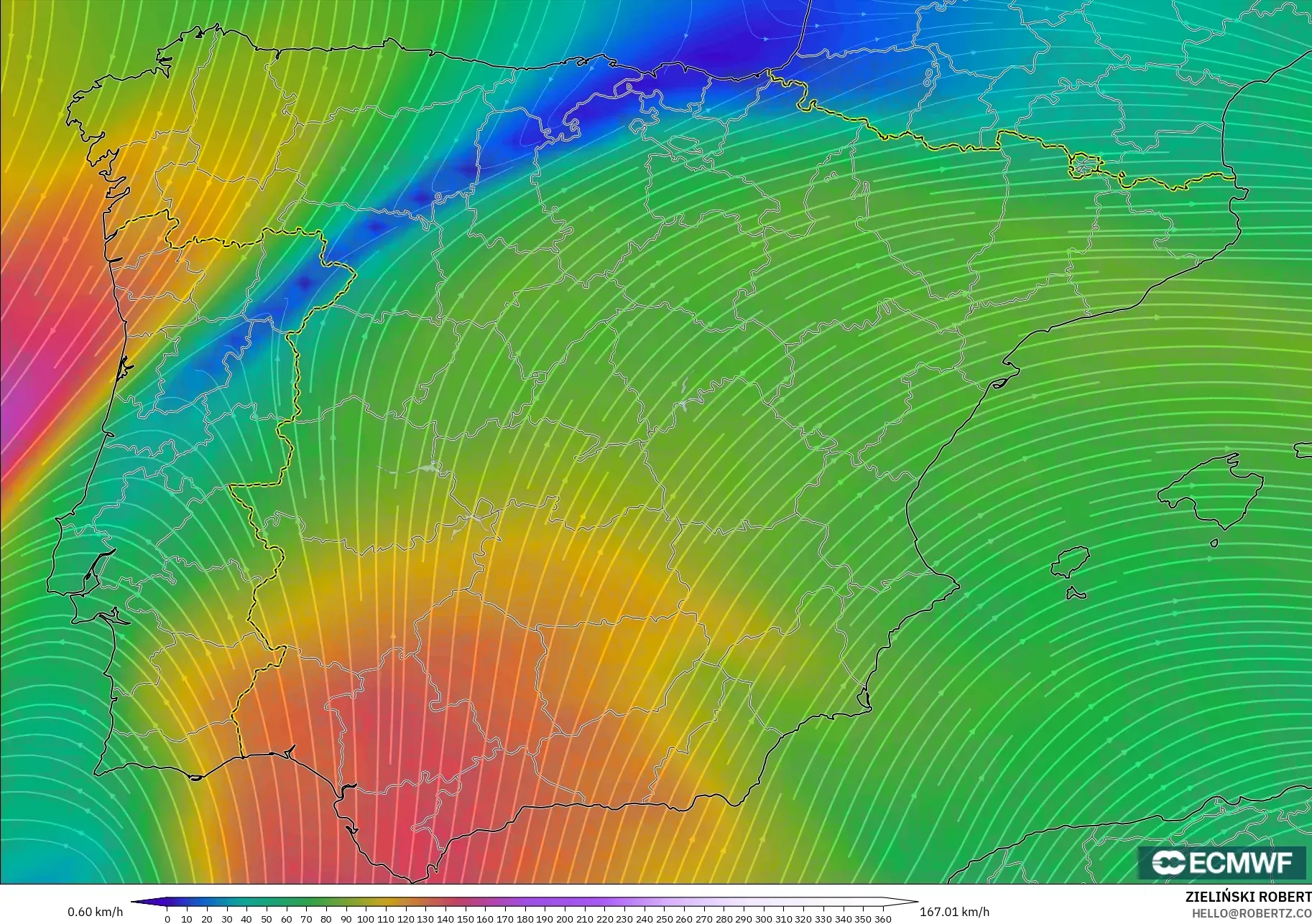 ECMWF IFS 0.25° modelo - Spain, Wind at 300hPa (jet stream)