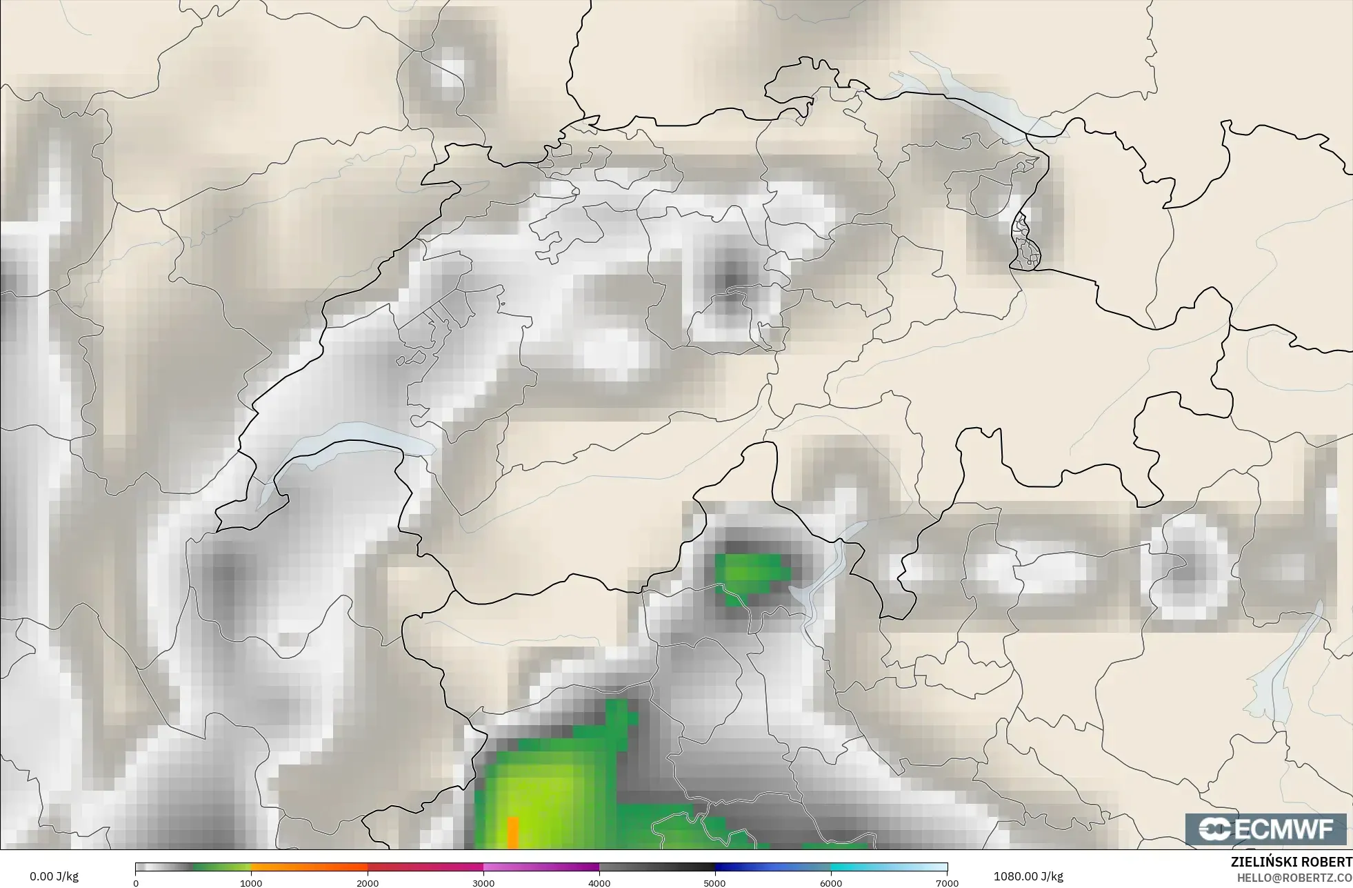 ECMWF IFS 0.25° model - Switzerland, CAPE