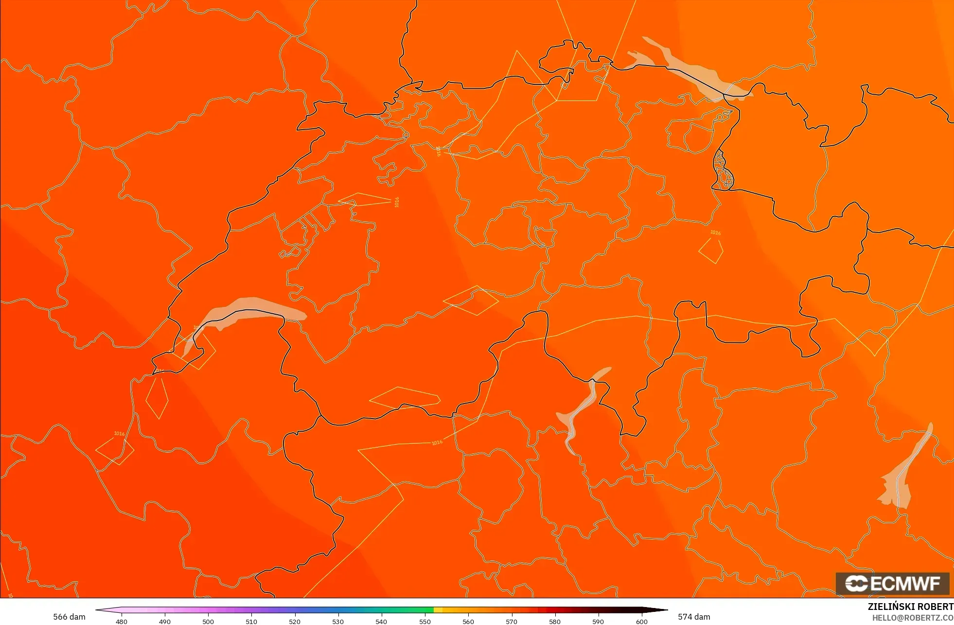 ECMWF IFS 0.25° modelo - Switzerland, Geopotential height at 500hPa