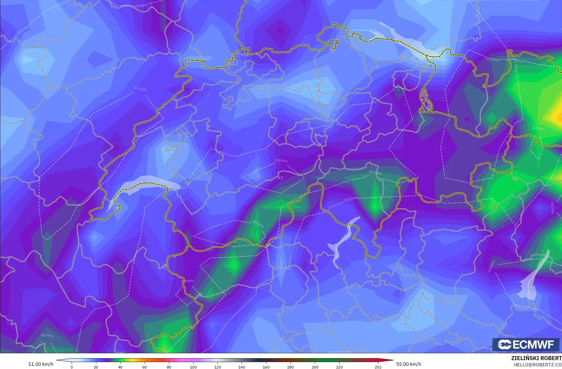 ECMWF IFS 0.25° modelo - Switzerland, Wind Gusts Peak
