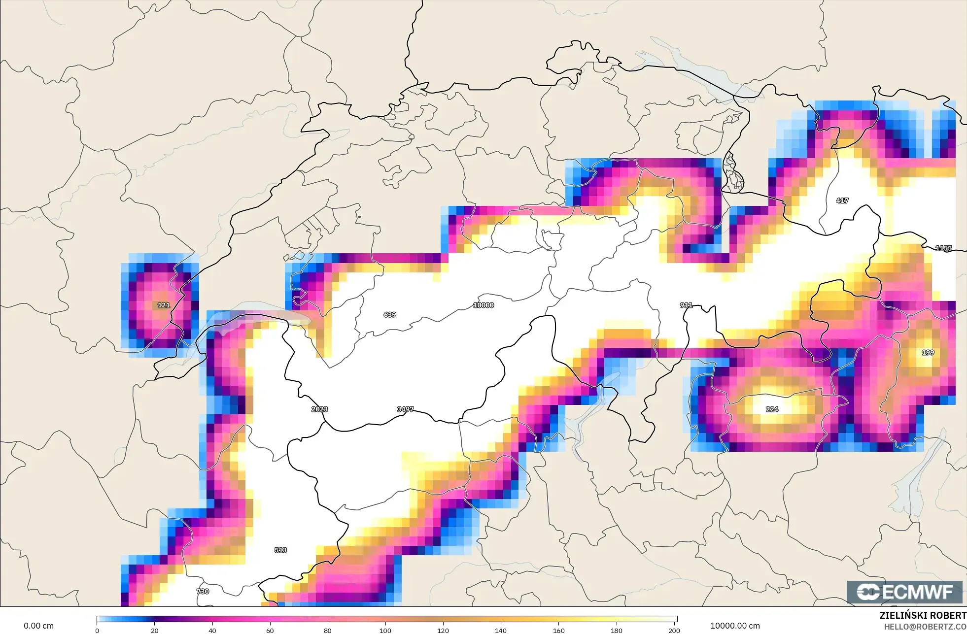 ECMWF IFS 0.25° model - Switzerland, Ketebalan Salji