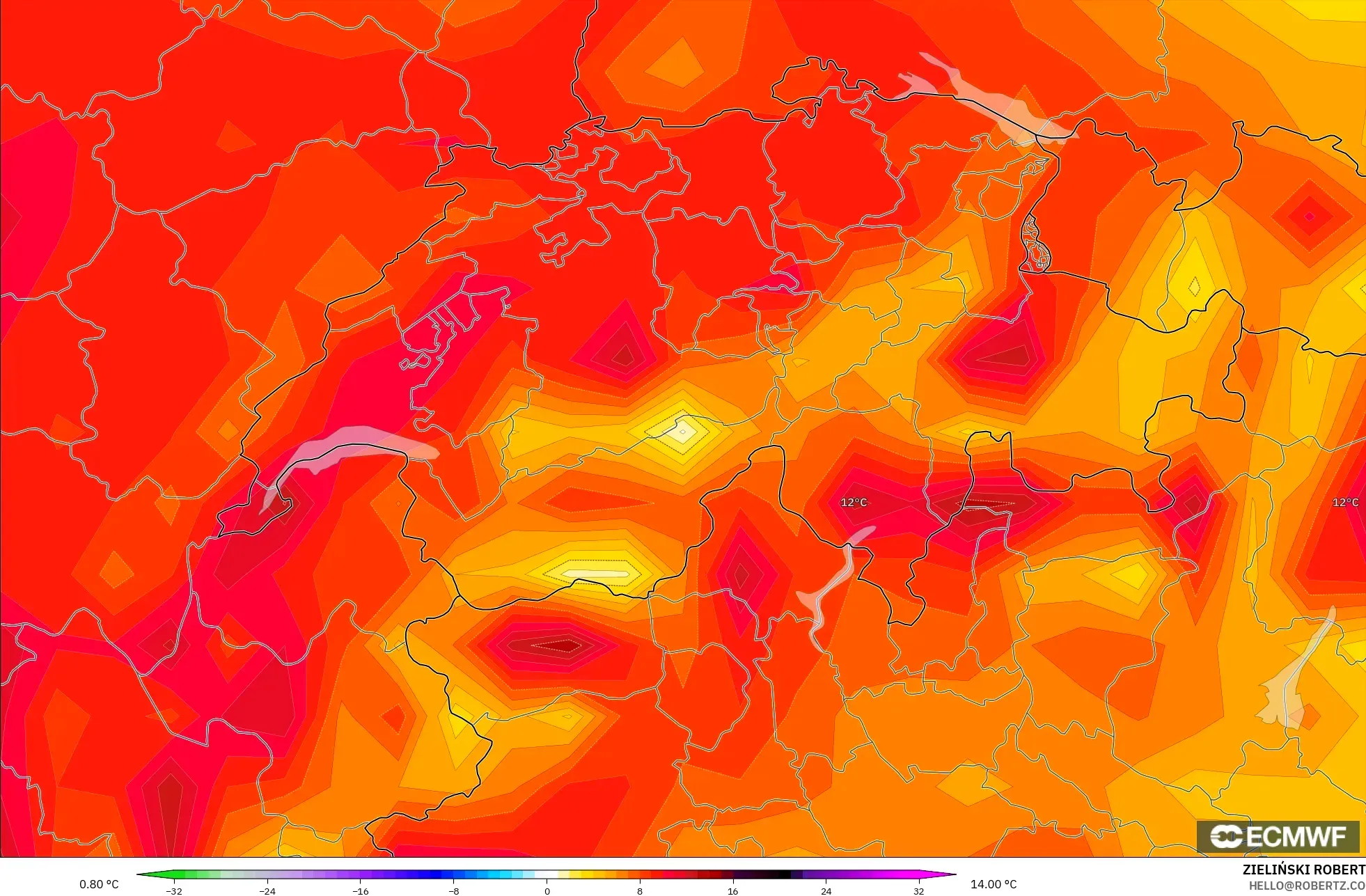 ECMWF IFS 0.25° modelo - Switzerland, Temperature at 2m Anomaly