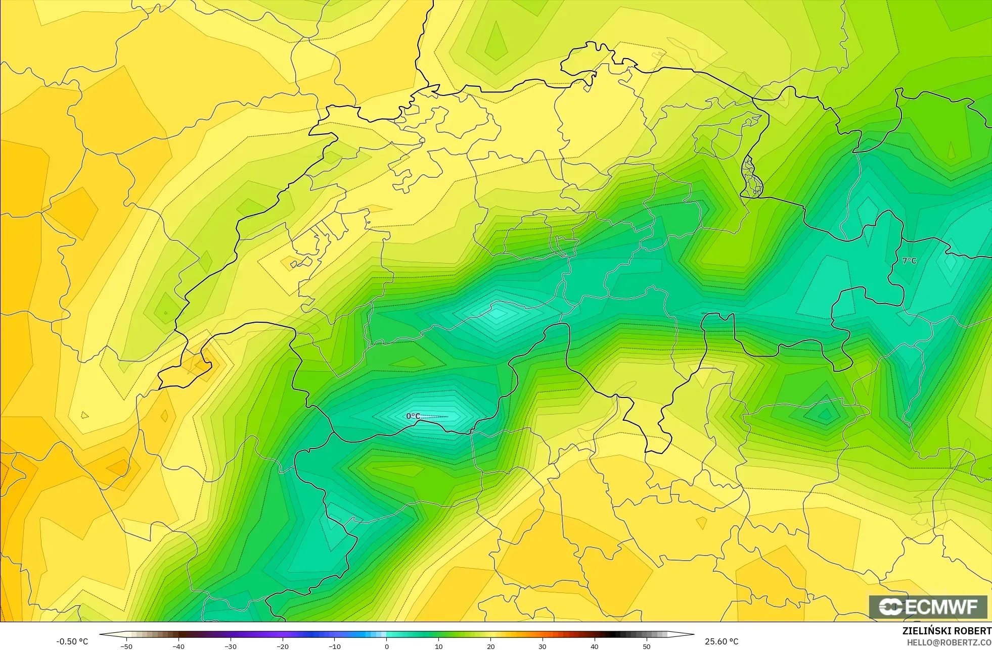 ECMWF IFS 0.25° model - Switzerland, Suhu pada 2 m