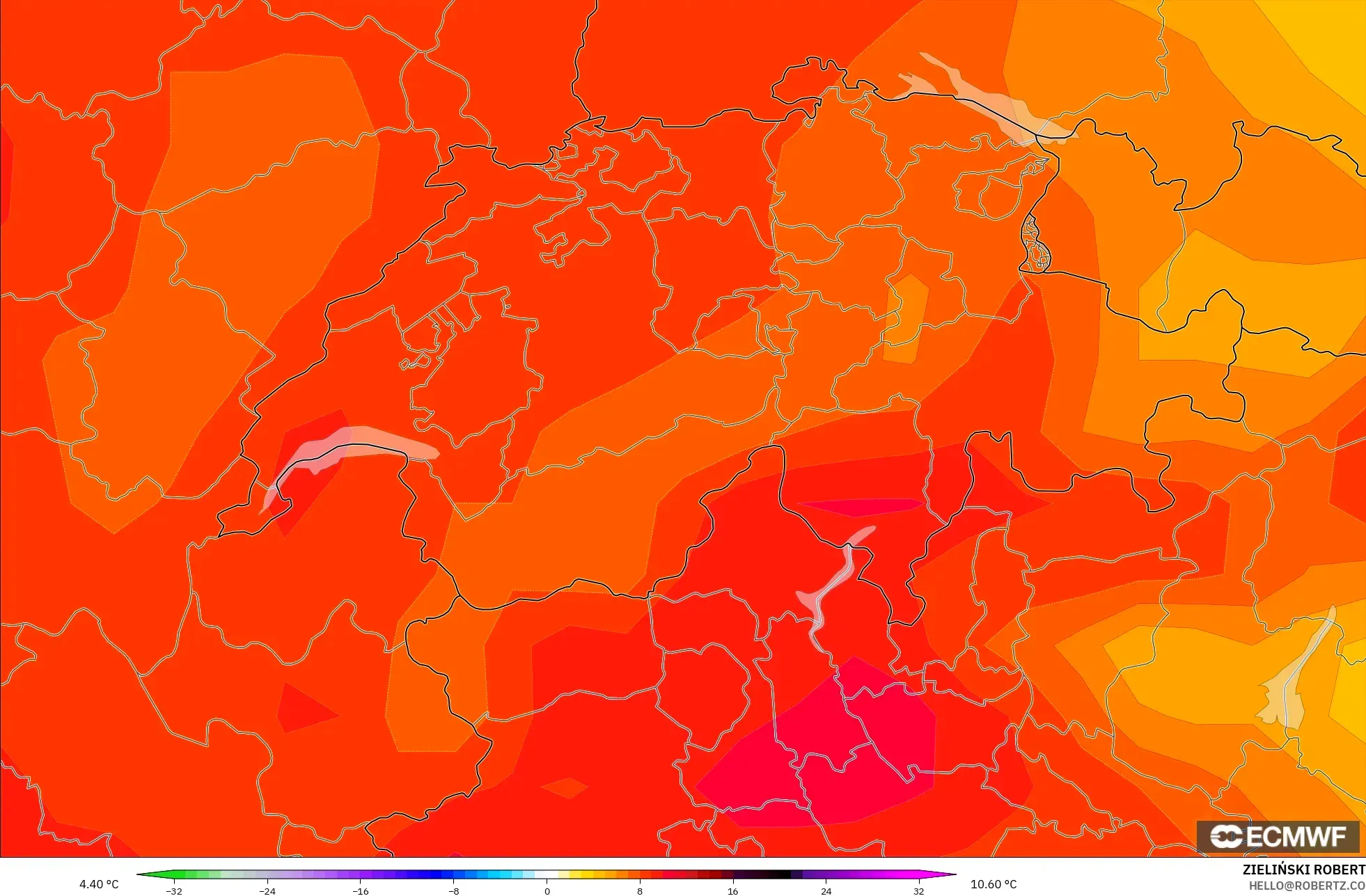 ECMWF IFS 0.25° modelo - Switzerland, Temperature at 850hPa Anomaly