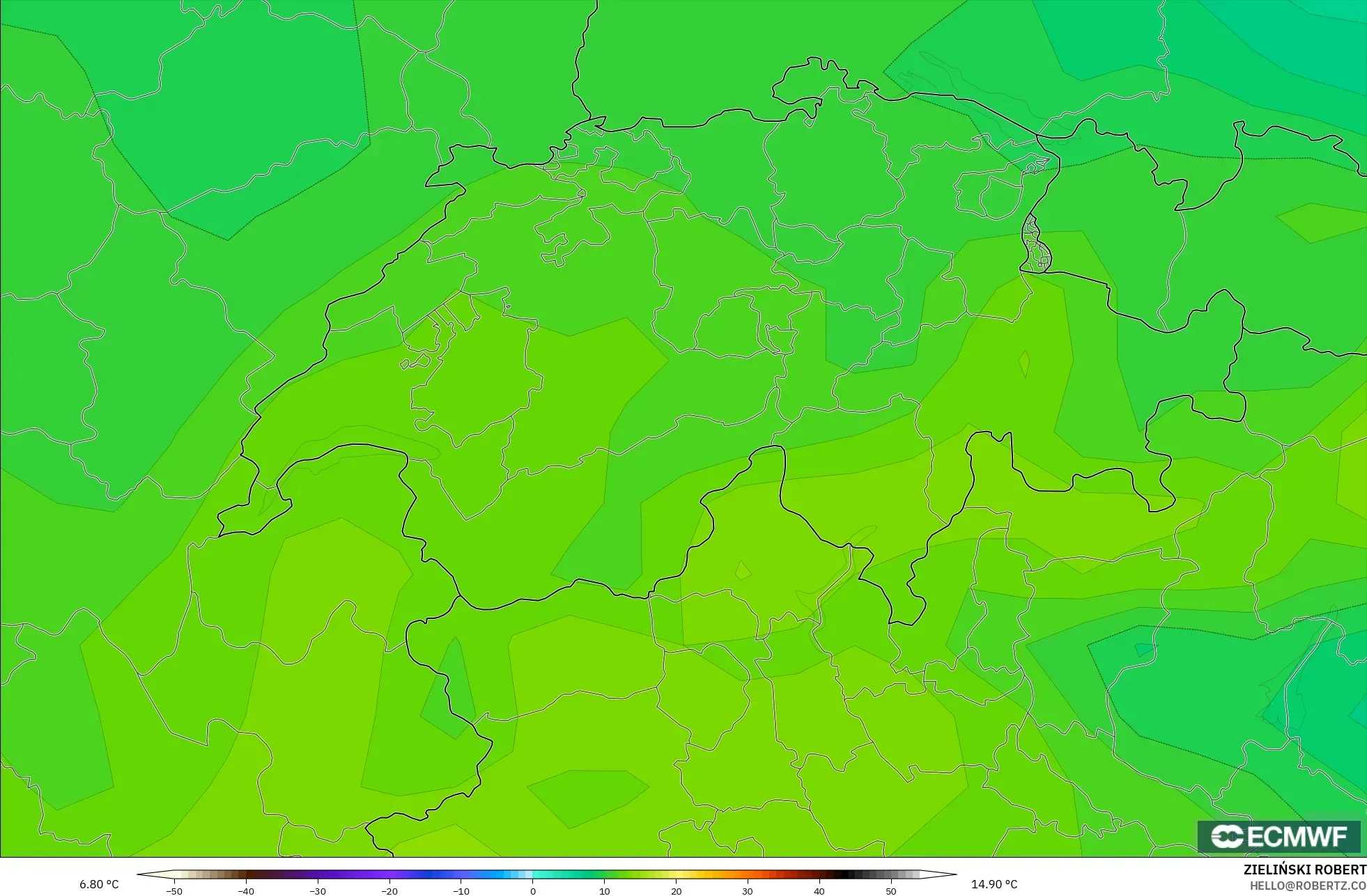 ECMWF IFS 0.25° model - Switzerland, Suhu 850 hPa