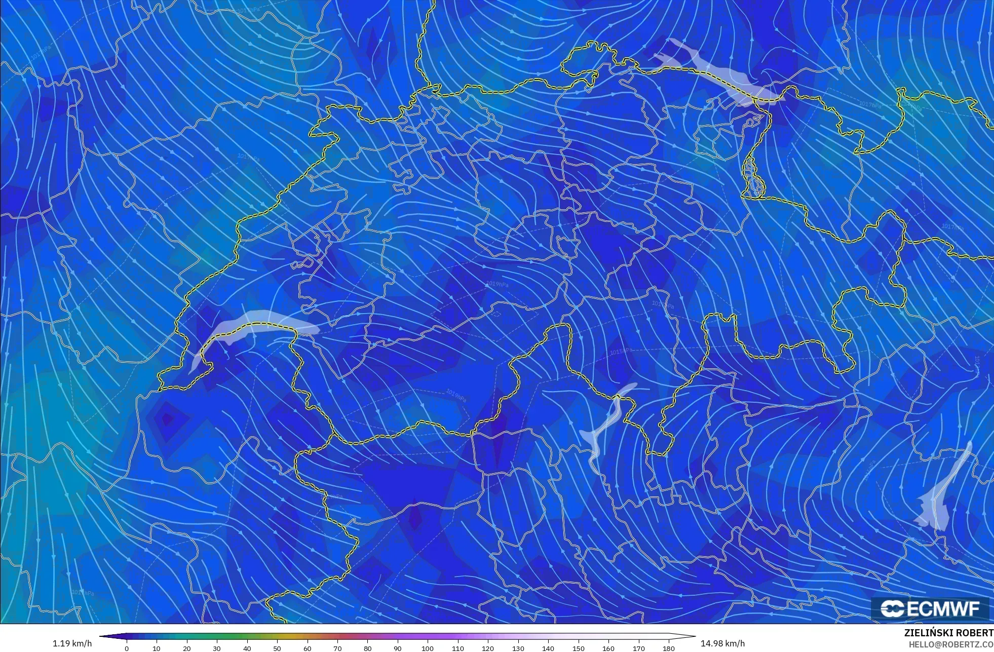 ECMWF IFS 0.25° model - Switzerland, Angin 10 m