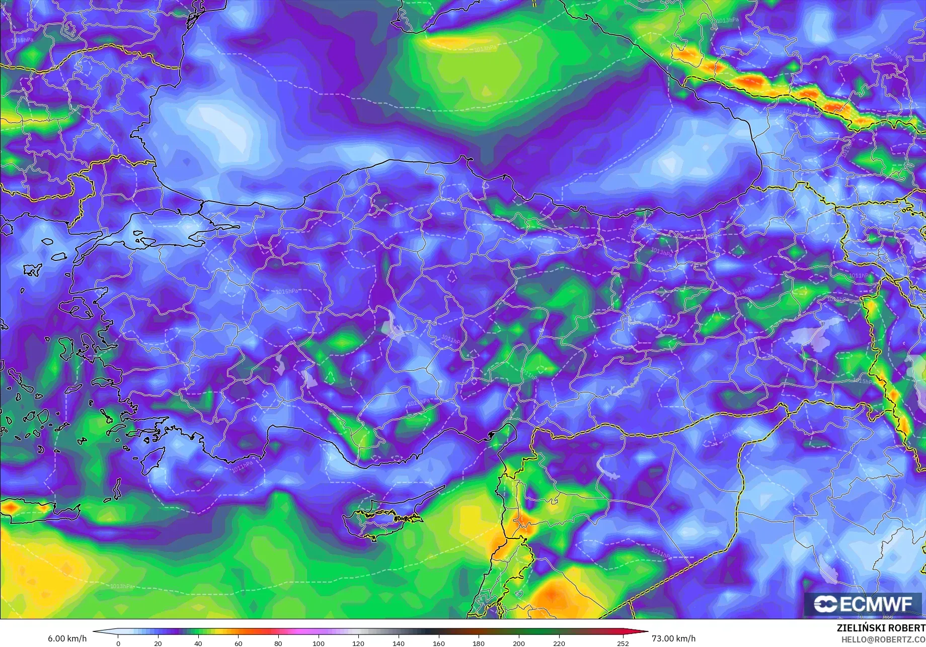 ECMWF IFS 0.25° model - Turki, Hembusan Angin