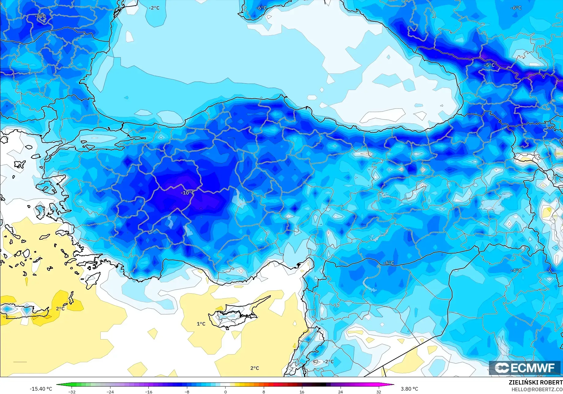 ECMWF IFS 0.25° modelo - Turkey, Temperature at 2m Anomaly