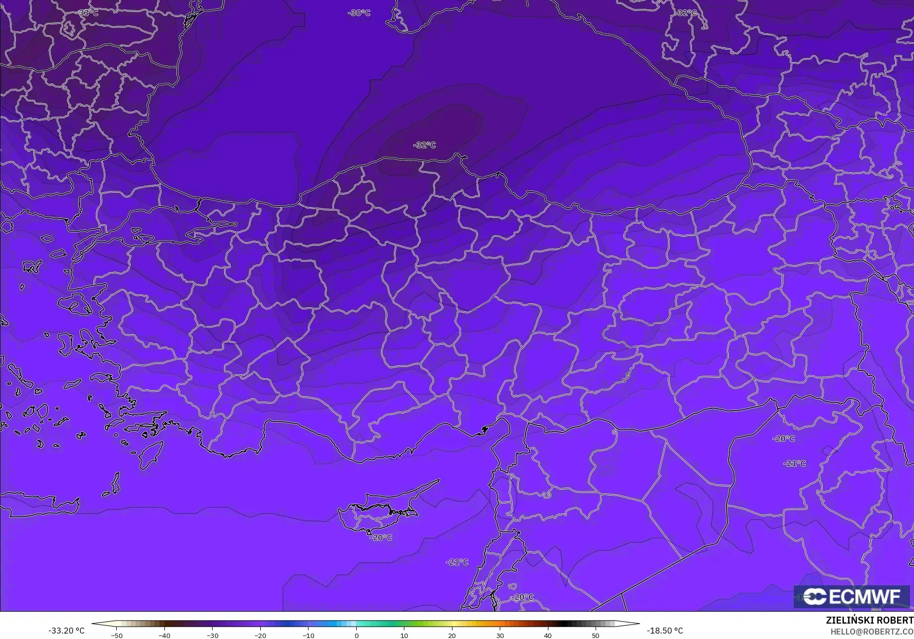 ECMWF IFS 0.25° model - Turki, Suhu 500 hPa