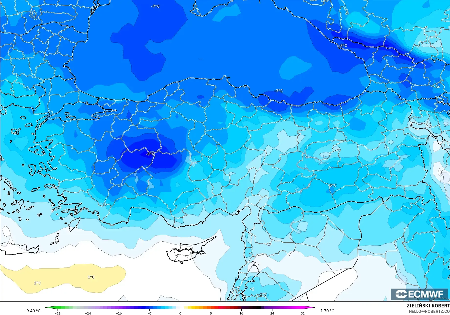 ECMWF IFS 0.25° modelo - Turkey, Temperature at 850hPa Anomaly