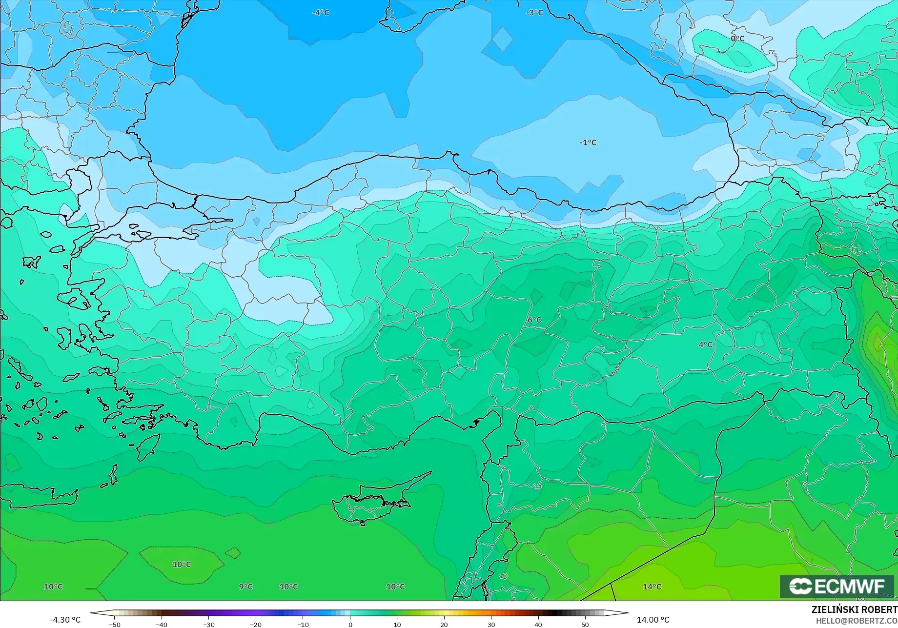 ECMWF IFS 0.25° model - Turki, Suhu 850 hPa