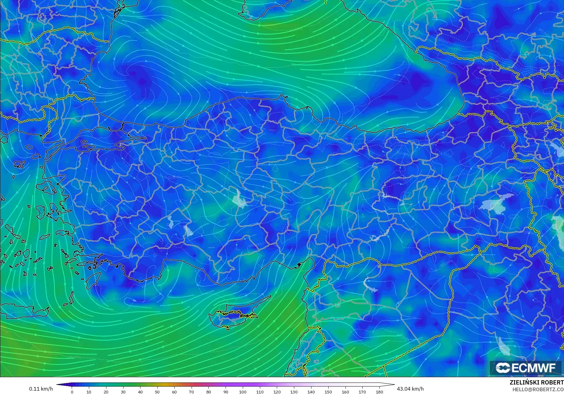 ECMWF IFS 0.25° modelo - Turkey, Wind at 10m