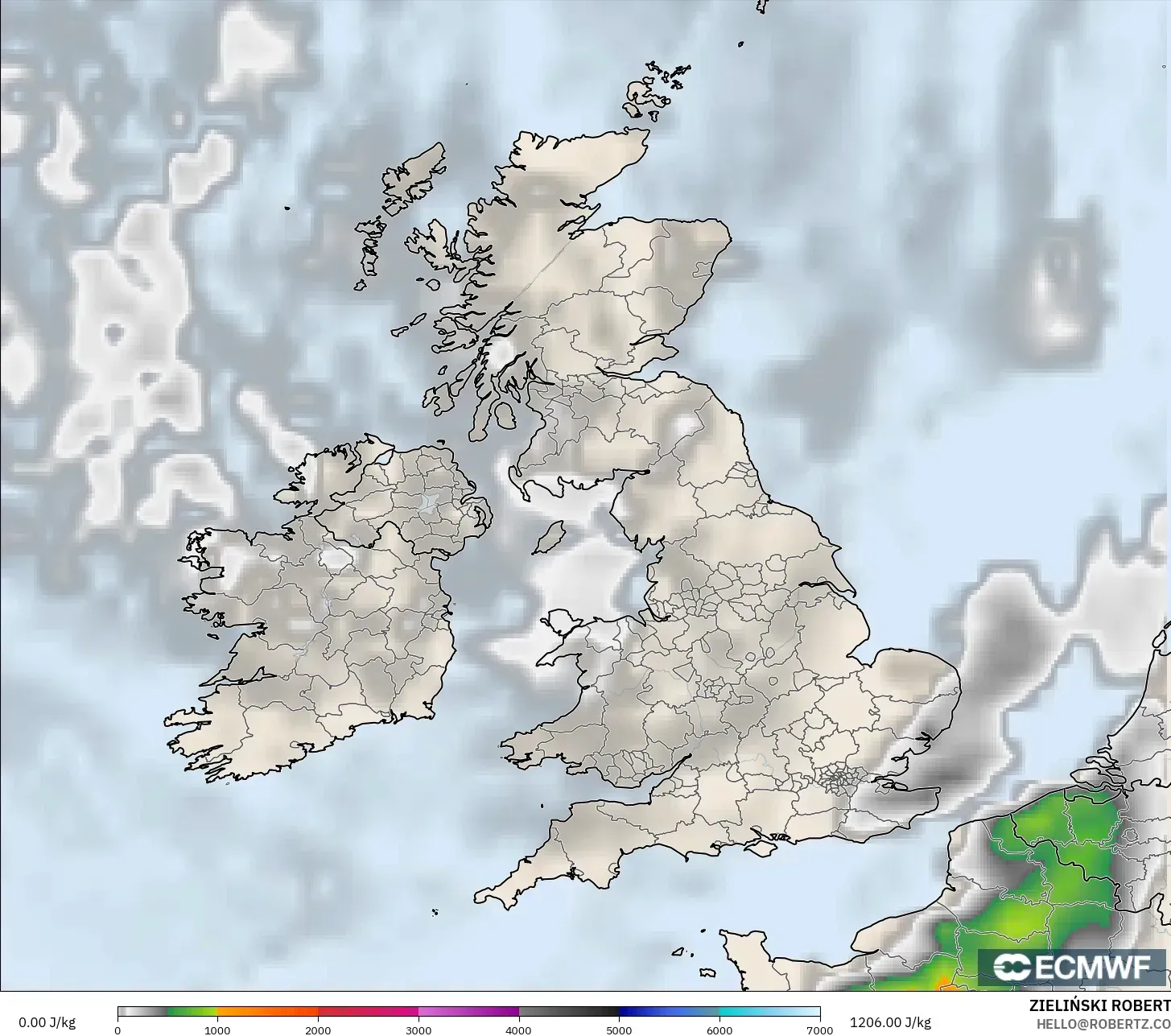 ECMWF IFS 0.25° modelo - United Kingdom, CAPE