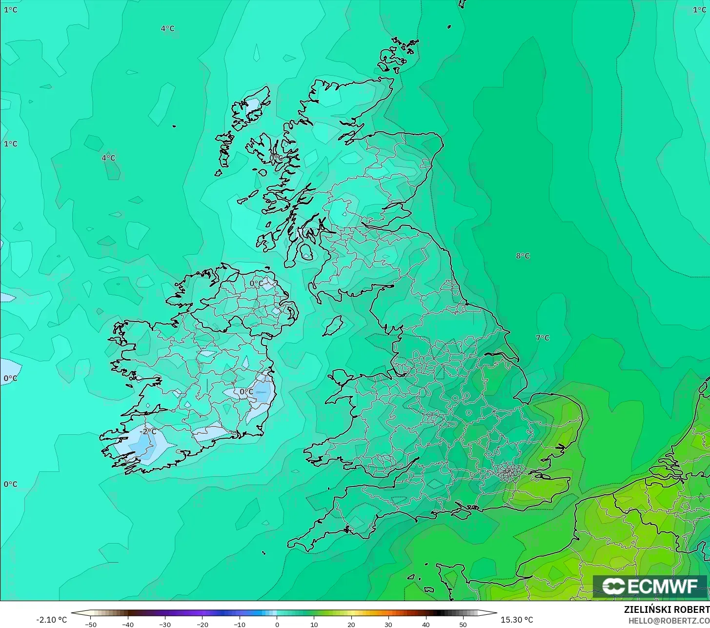 ECMWF IFS 0.25° modelo - United Kingdom, Dewpoint at 2m