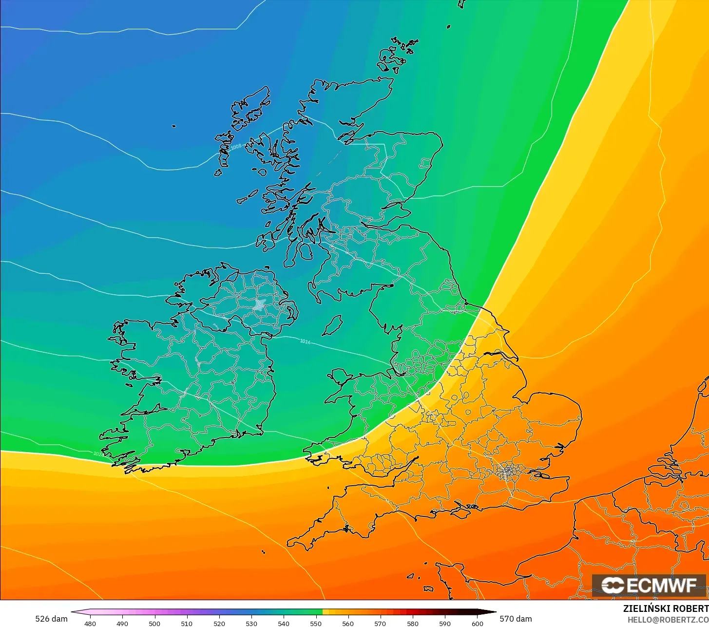 ECMWF IFS 0.25° modelo - United Kingdom, Geopotential height at 500hPa