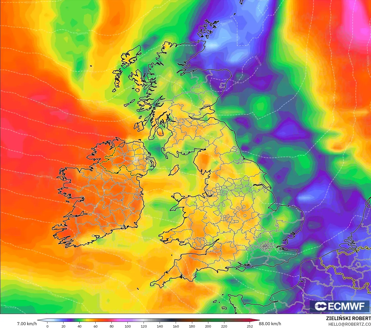 ECMWF IFS 0.25° modelo - United Kingdom, Wind Gusts