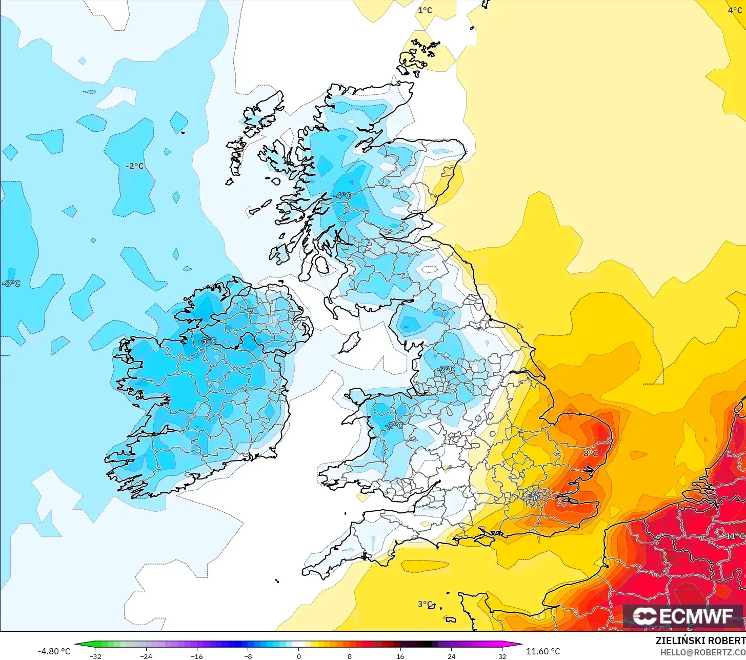ECMWF IFS 0.25° model - United Kingdom, Anomali Suhu 2 m