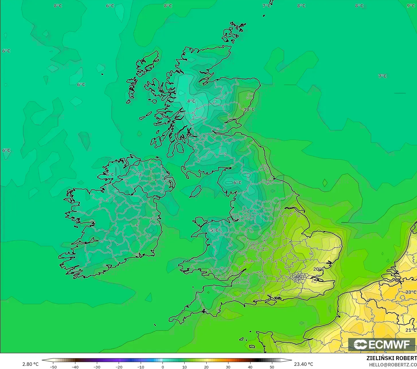 ECMWF IFS 0.25° modelo - United Kingdom, Temperature at 2m