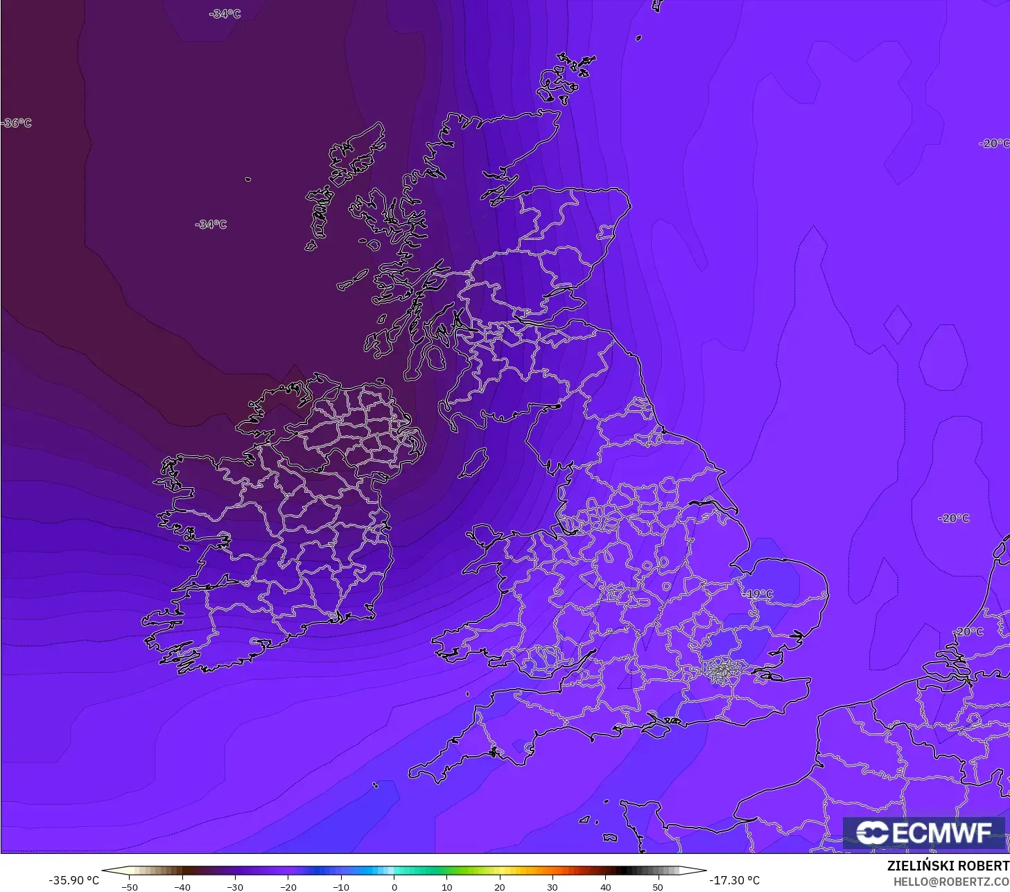 ECMWF IFS 0.25° model - United Kingdom, Suhu 500 hPa